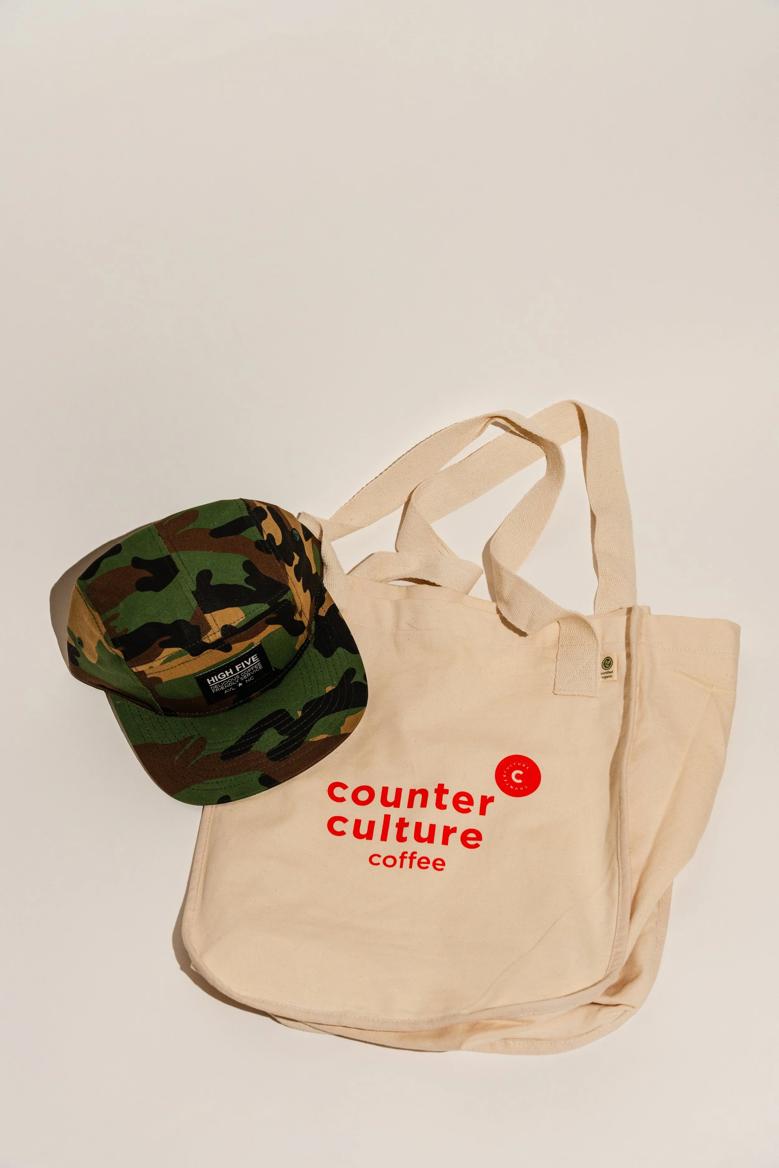High Five Coffee Camo Hat and Counter Culture Coffee Tote Bag