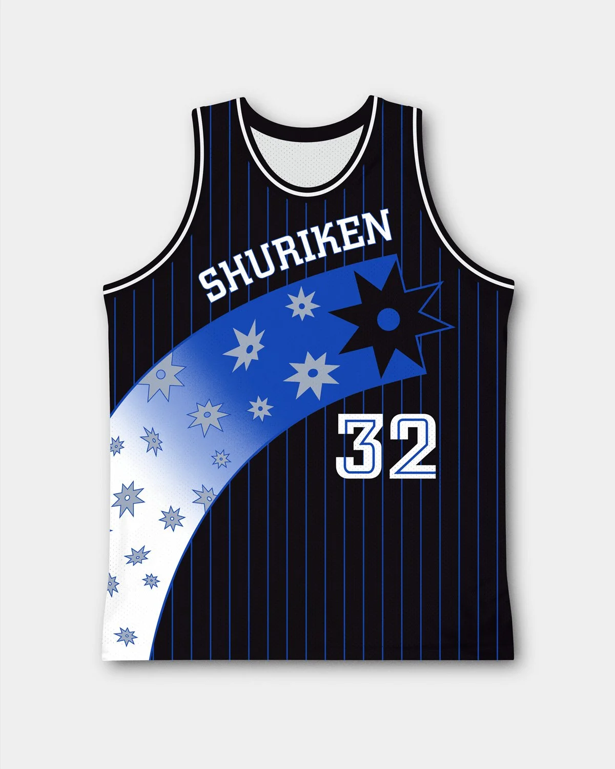 Custom basketball jersey design by Team Edo Ball featuring black pinstripe uniform with blue shooting star graphic, Shuriken team name and number 32.
