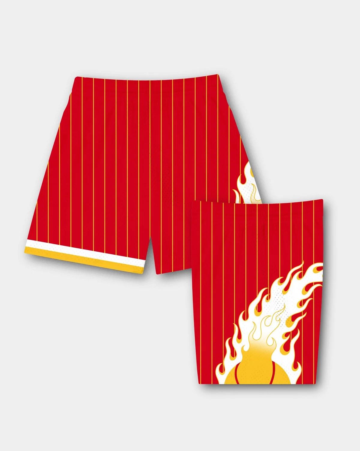 Custom basketball shorts design by Team Edo Ball featuring red pinstripe base with flame graphic detail and contrast trim.