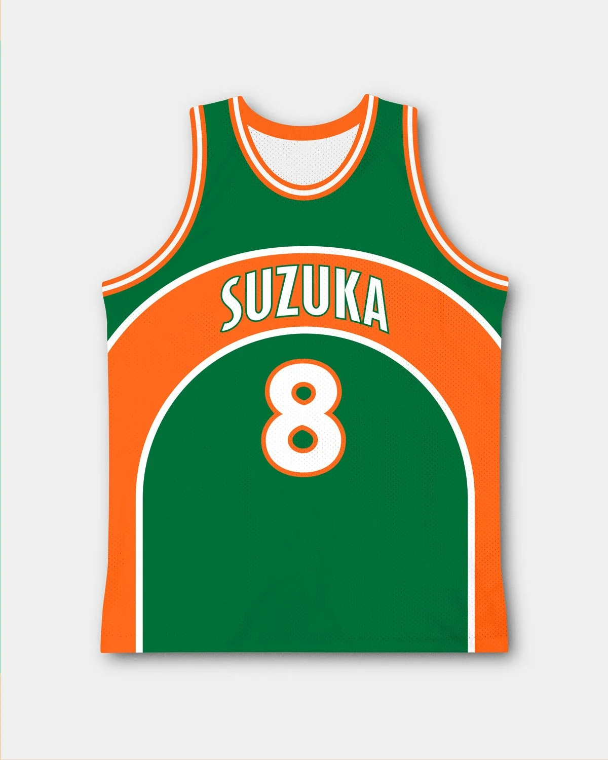 Custom basketball jersey design by Team Edo Ball featuring green and orange uniform with curved panel layout, Suzuka team name and number 8.