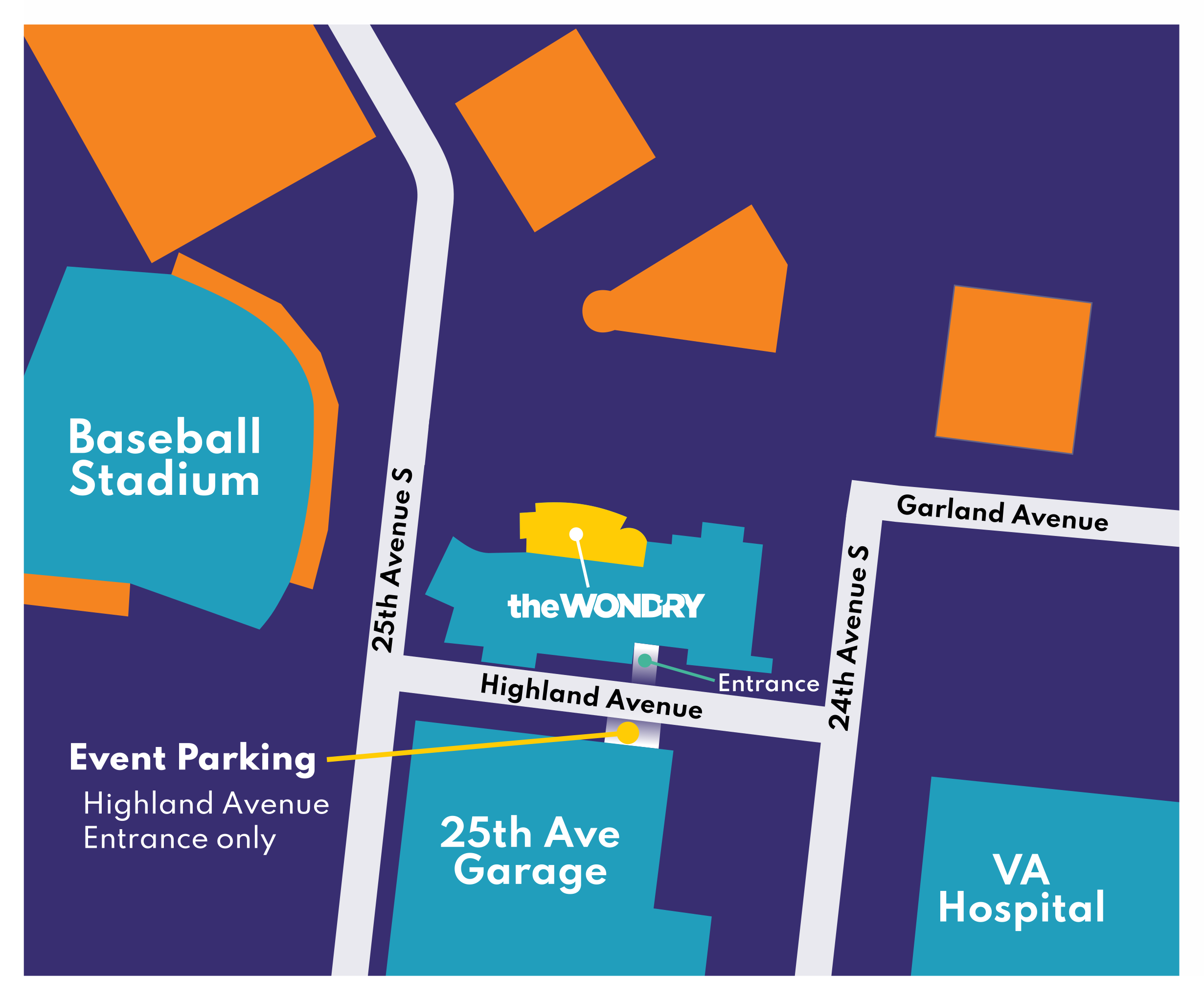 A map showing directions to the Wond'ry and event parking