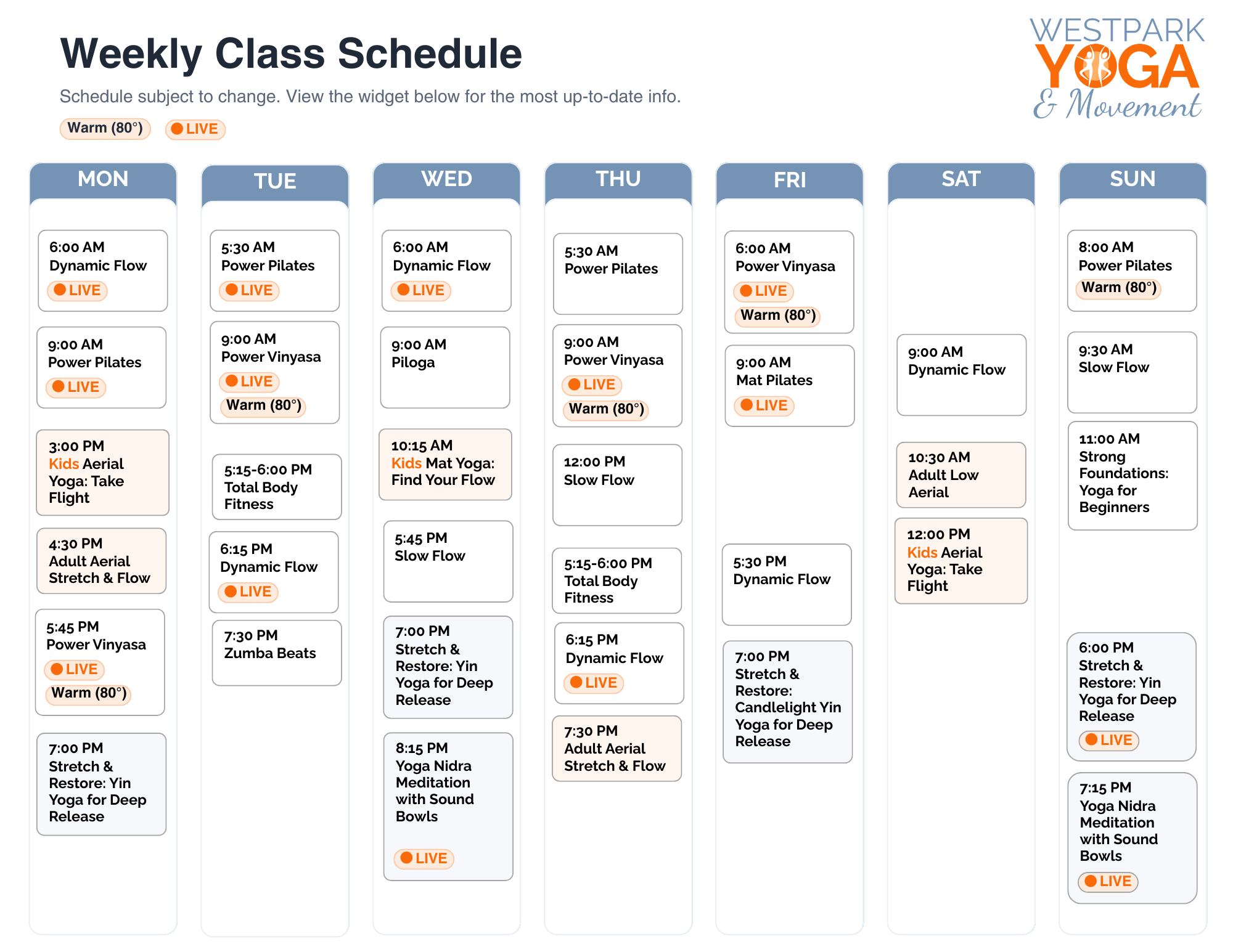 Westpark Yoga & Movement weekly class schedule