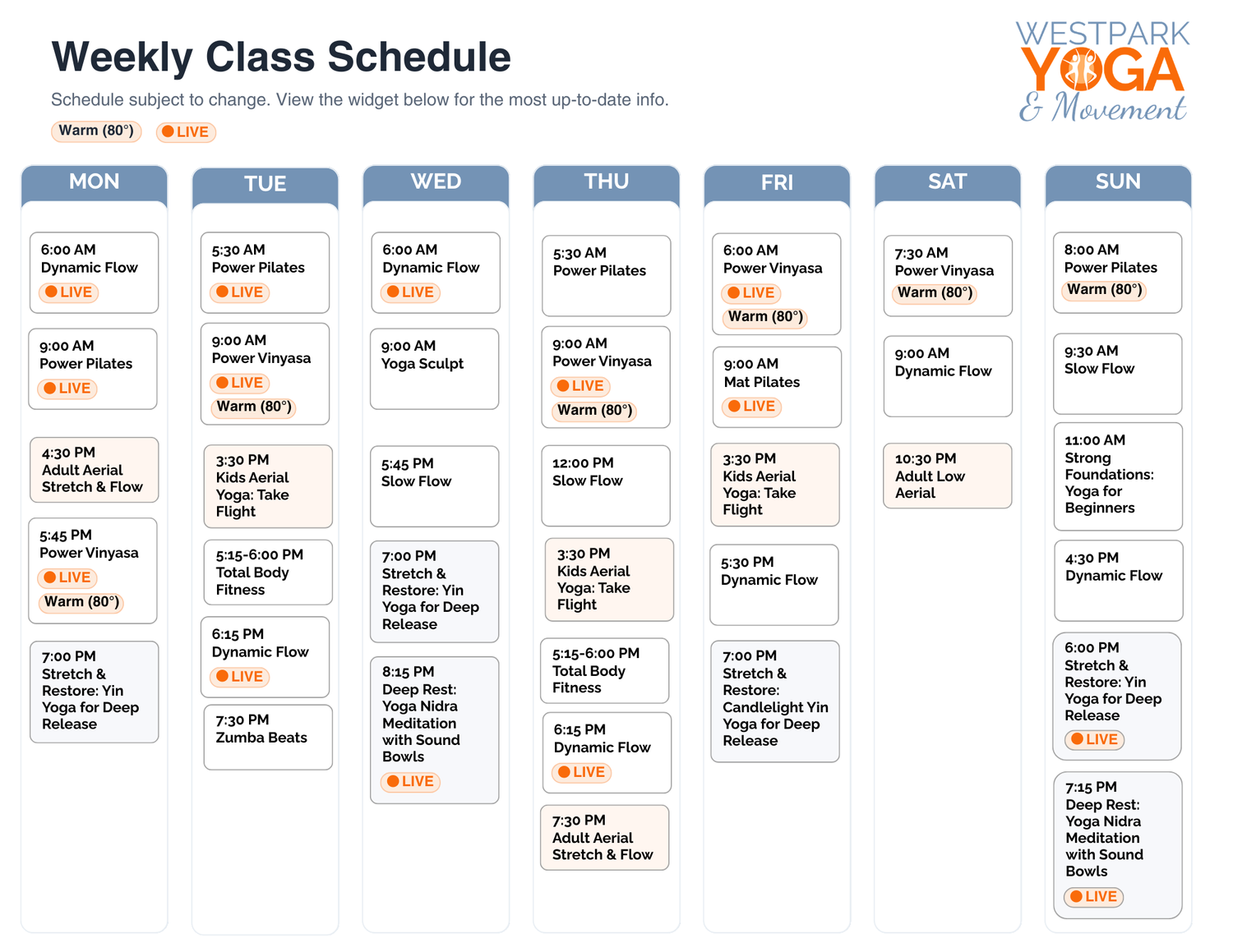 Westpark Yoga & Movement weekly class schedule