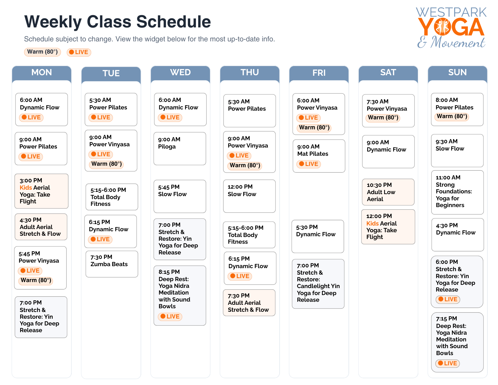 Westpark Yoga & Movement weekly class schedule