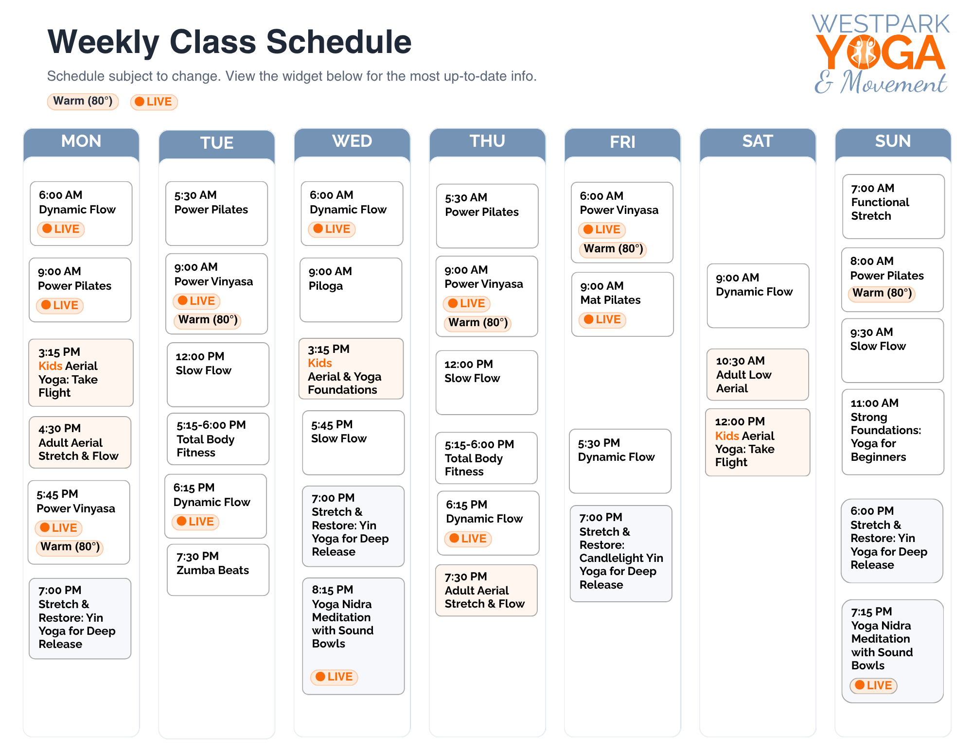 Westpark Yoga & Movement weekly class schedule