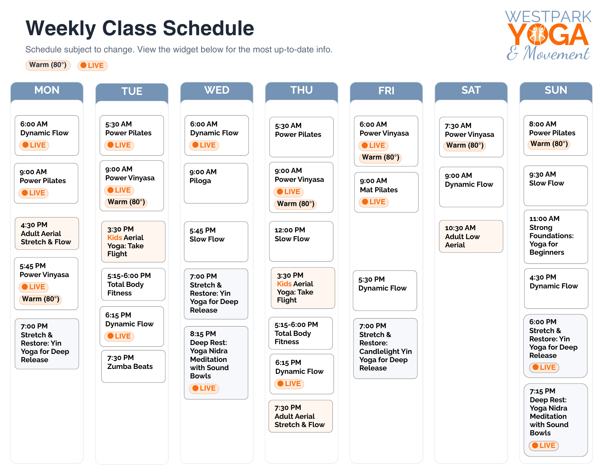 Westpark Yoga & Movement weekly class schedule