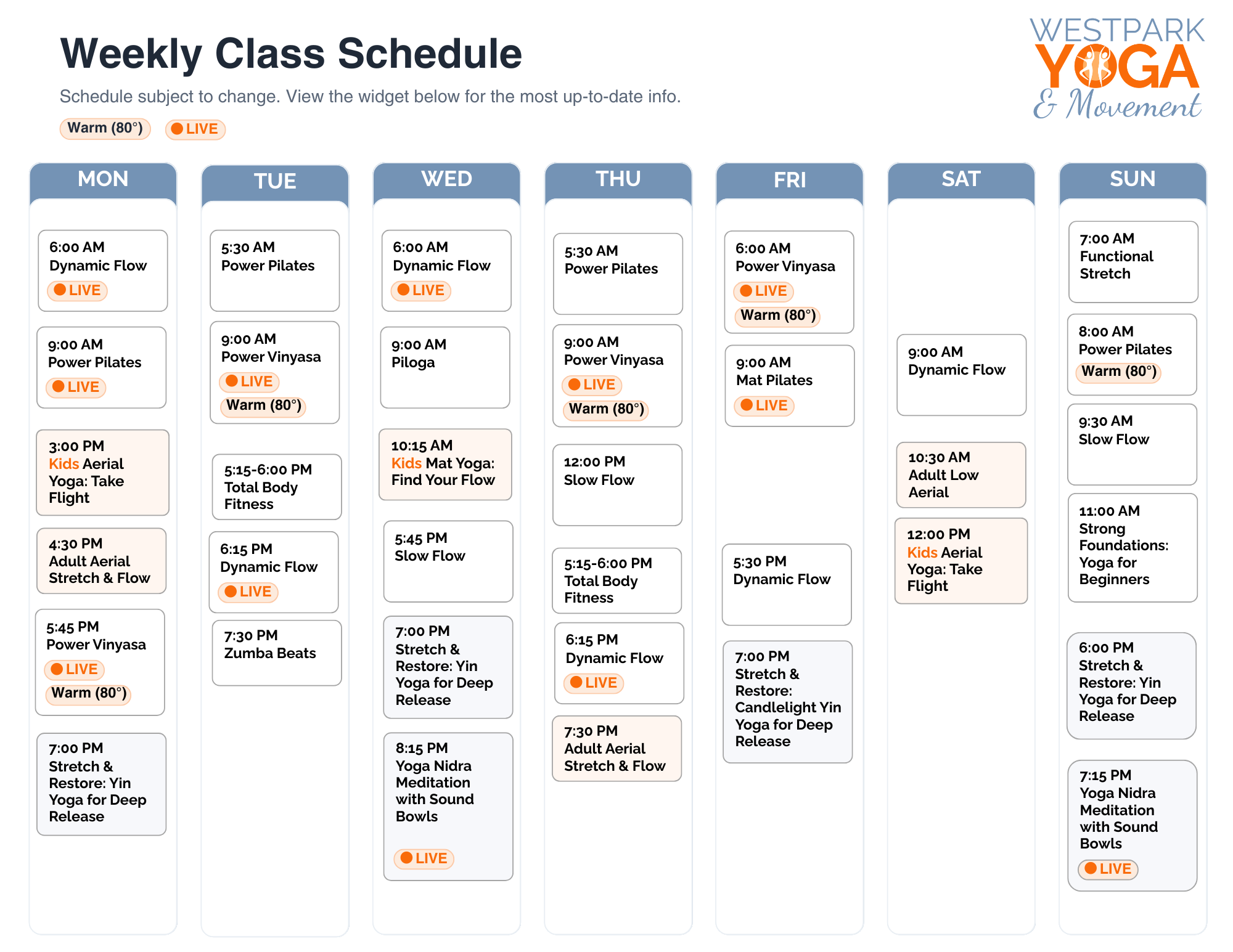Westpark Yoga & Movement weekly class schedule