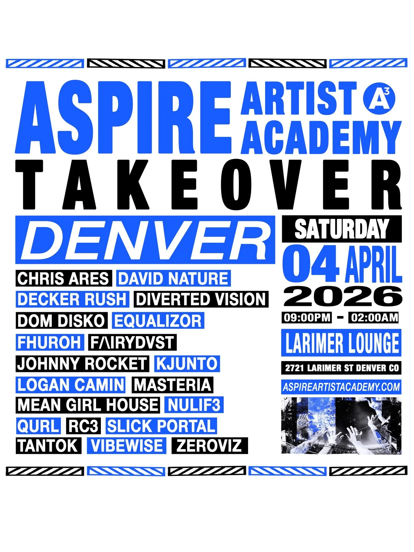 @aspireartistacademy taking over Larimer Lounge on Saturday! I&rsquo;m closing down the Treehouse at 1-2am with an extremely rare club set 👀 expect more bass and electro house, though I&rsquo;ll still be rinsing a few of my favorite Midtempo tracks.