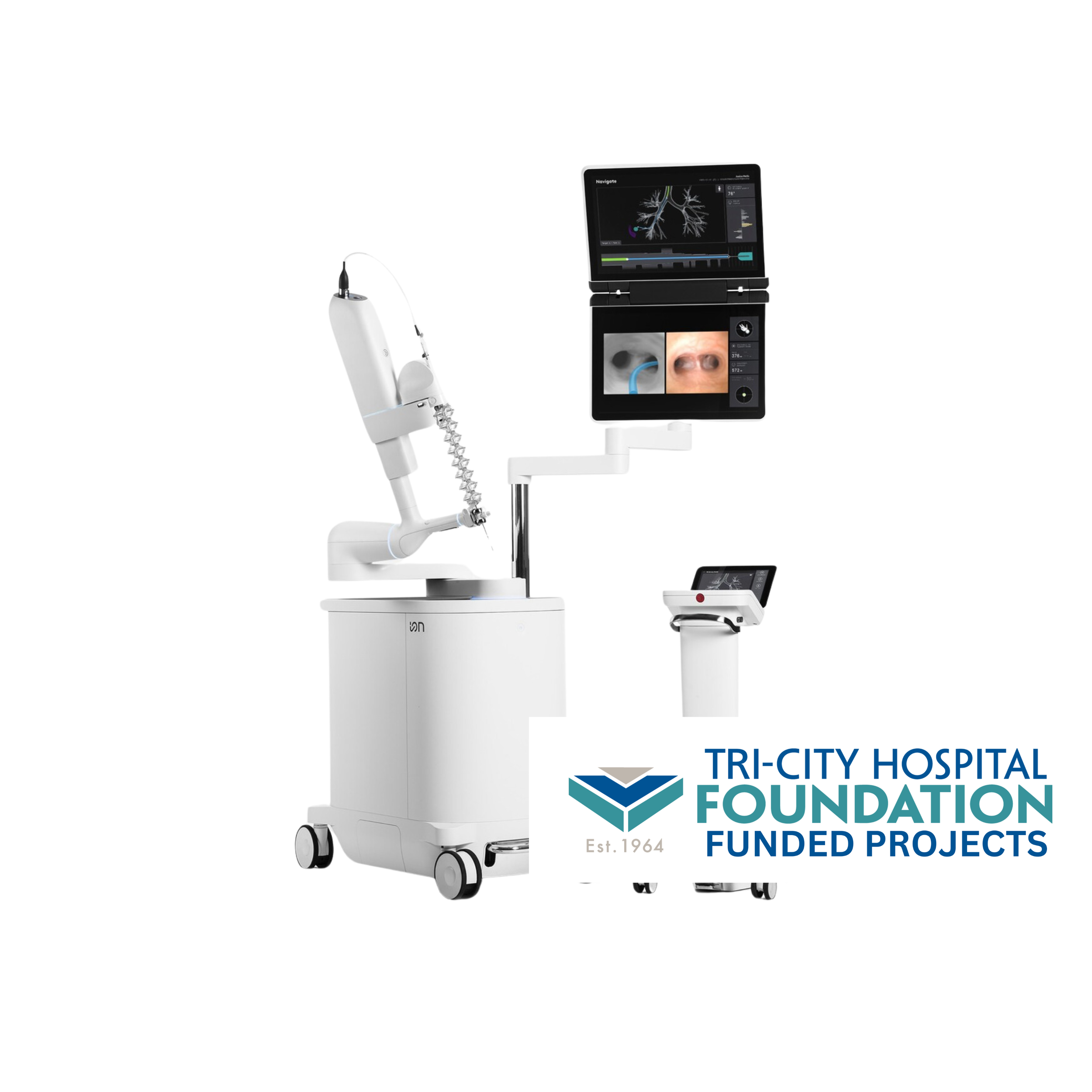 Medical robotic surgical device with a display screen showing lung images, part of a Tri-City Hospital foundation funded project.