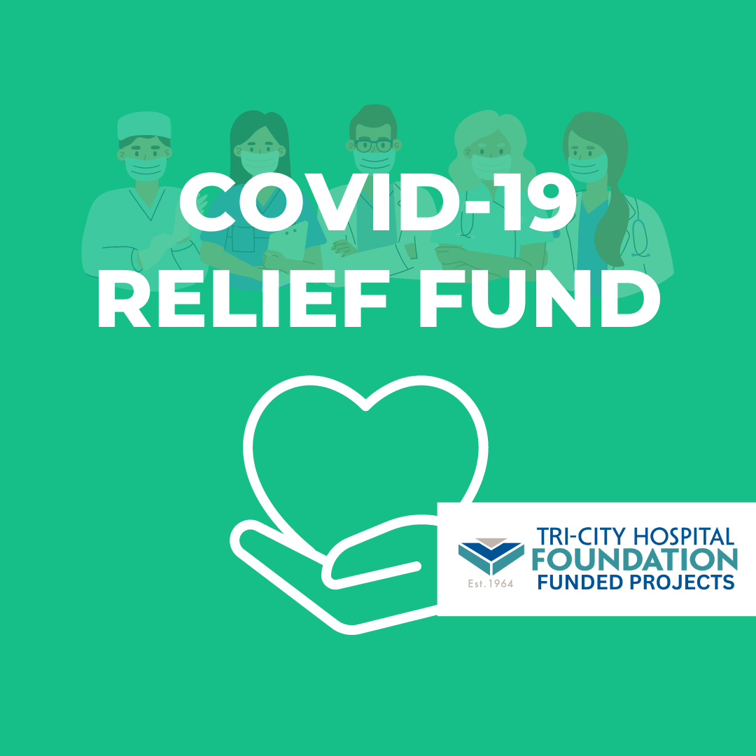 Graphic promoting the COVID-19 Relief Fund by Tri-City Hospital Foundation, featuring illustrated healthcare workers wearing masks and a hand holding a heart, with the foundation's logo and text.