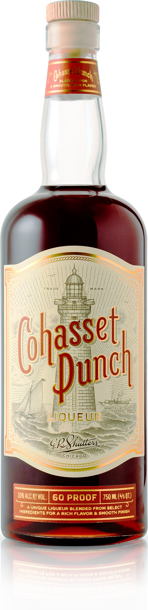 Tall glass bottle reading "Cohasset Punch" and filled with dark red liquid