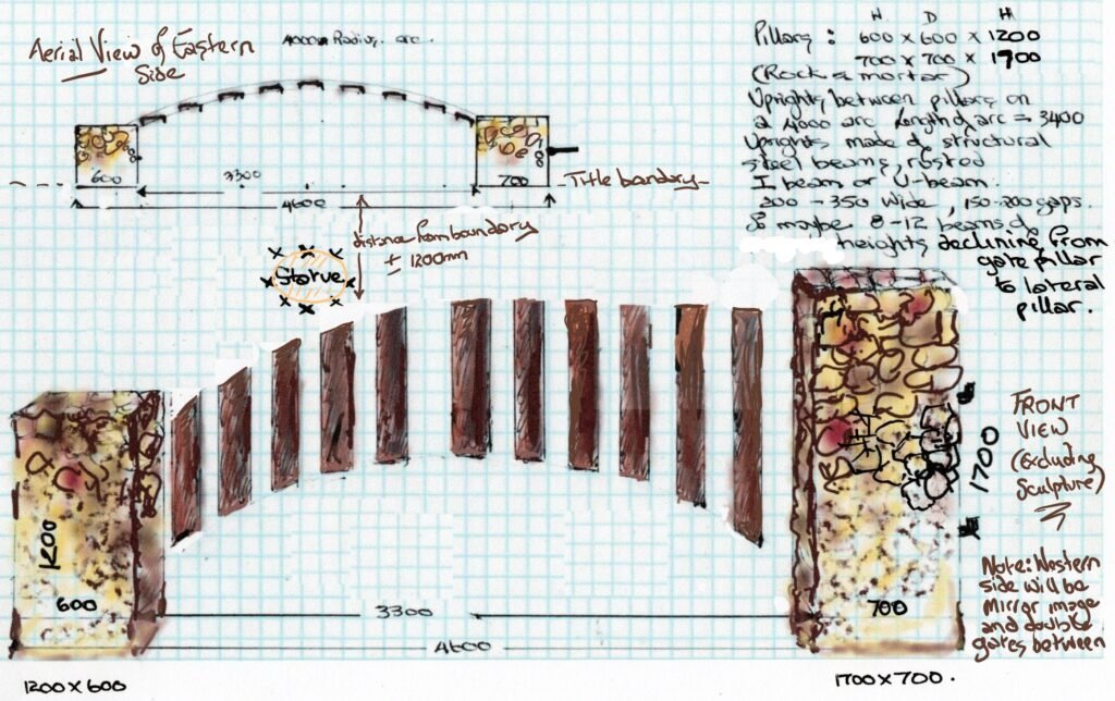  The working plan for the Eastern section of the proposed entrance, the western aspect will be mirror image. The sculpture and interpretive signage will stand in front of the wall sections, either side of the gate. 