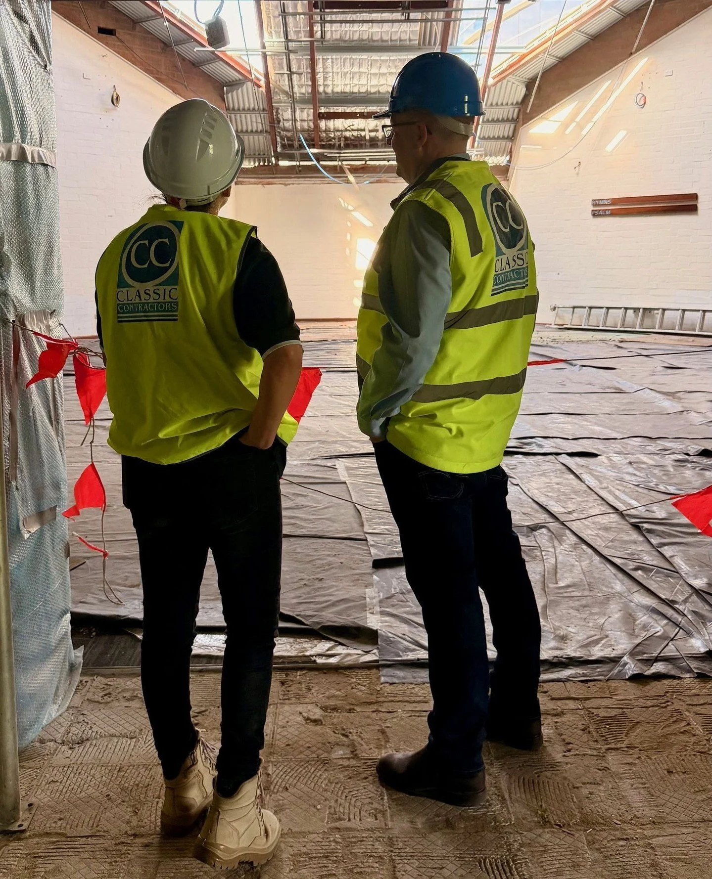 Mark and Rebecca inspecting progress at St Mary&rsquo;s Anglican Church in West Perth, a site with deep roots in Perth&rsquo;s early 1900s history. The church has long played an important role not only as a place of worship but also in supporting com