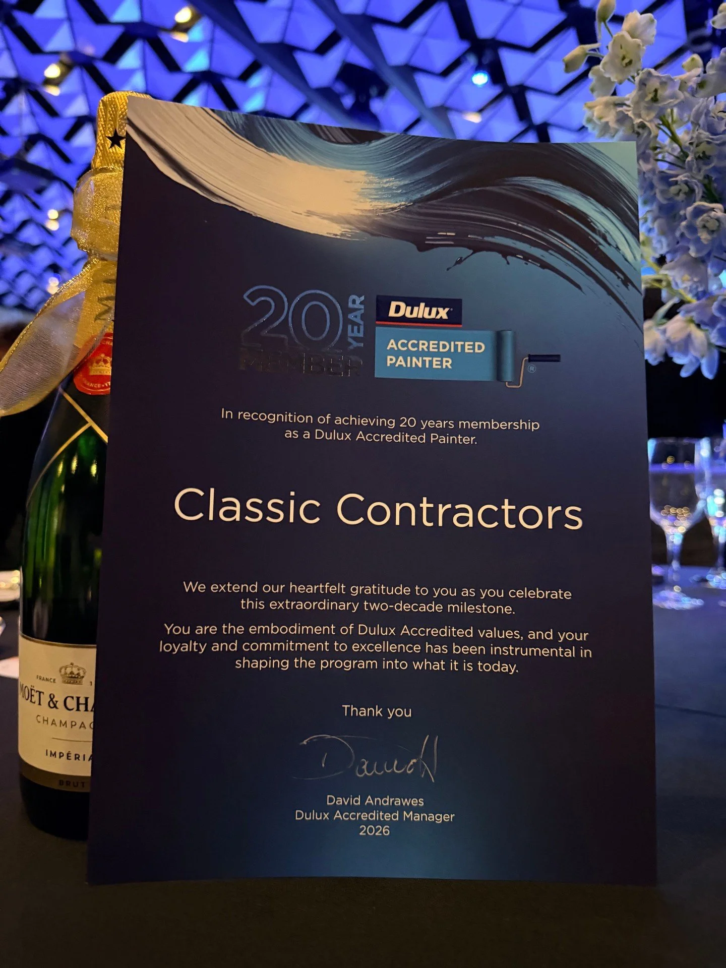 Congratulations to Mark and the Classic team on being recognised as a 20-Year Member of the Dulux Accredited Painter Program! 🌟⁠
⁠
Thank you to Dulux for a fantastic Annual Conference and for recognising Classic's ongoing commitment to the program. 