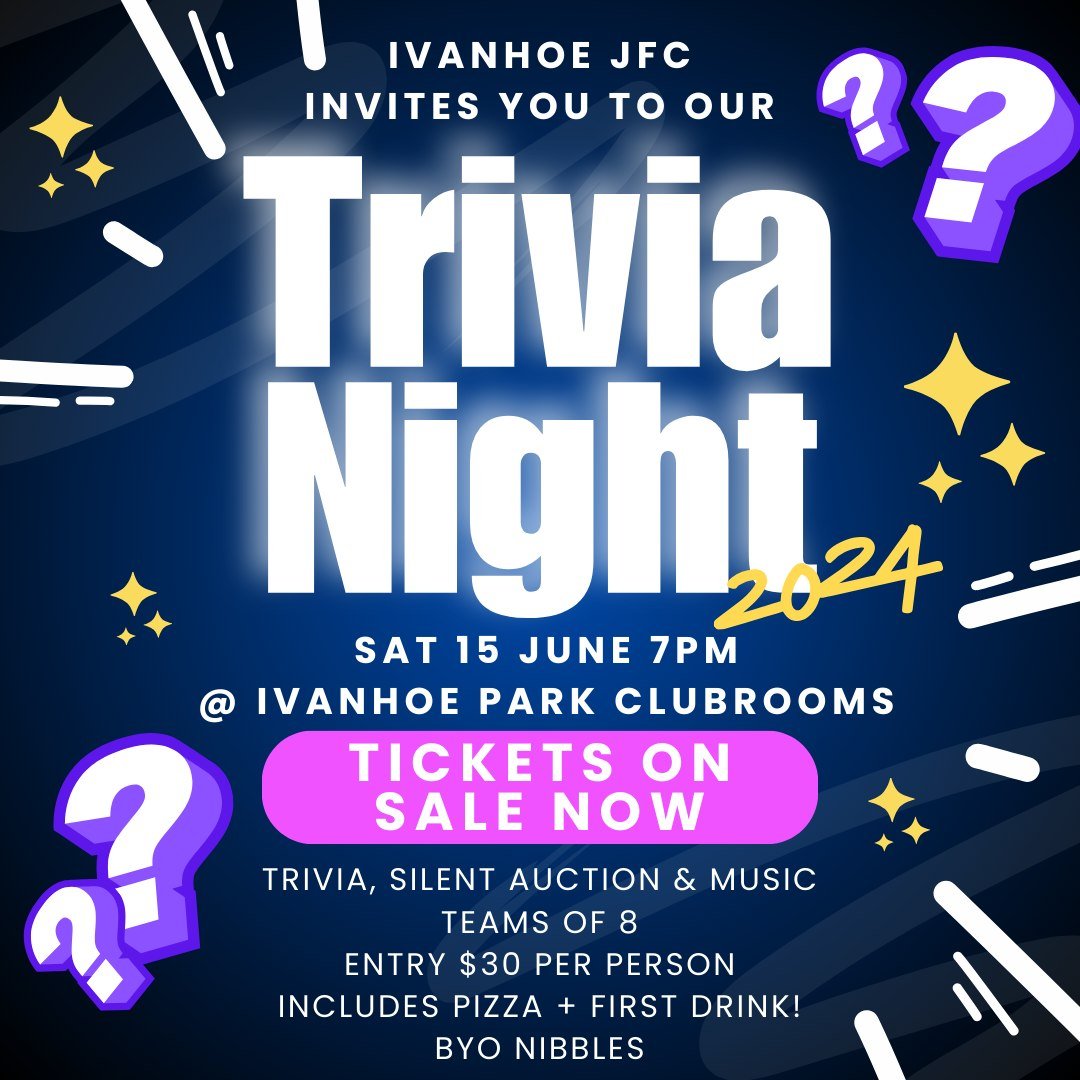 Join us for the Ivanhoe JFC 2024 Trivia Night! There will be trivia, a silent auction and music, so bring your impressive knowledge of random things and your dancing shoes 🤔🧠💃🕺
✨Teams of 8. If you have less than 8 then email us to join a team.
✨E