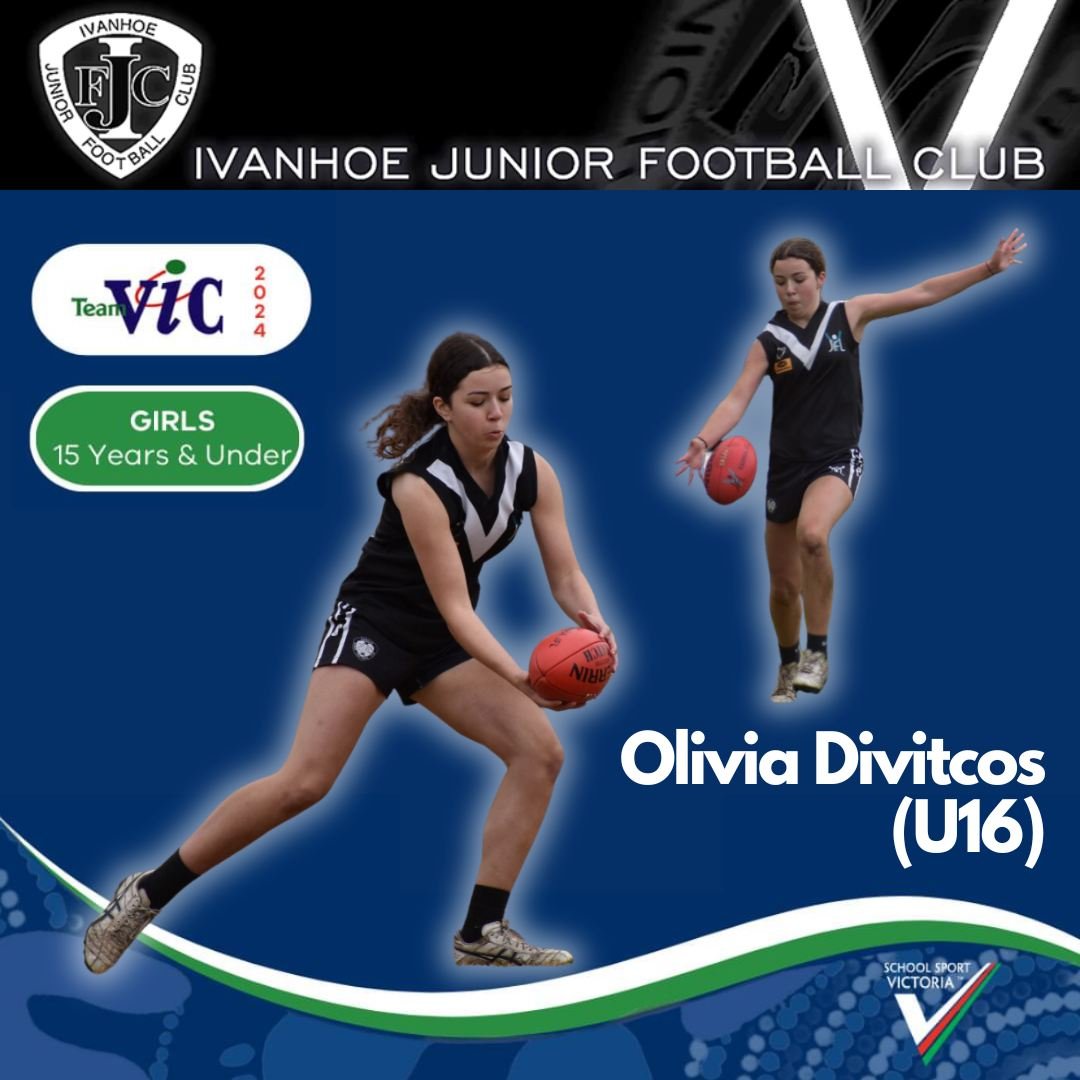 Huge congratulations to Olivia Divitcos (U16) who has been selected for the Team Vic 15 Years &amp; Under team! The team will travel to Gold Coast, QLD to play in the Australian Football Championships in late July. Well done and all the best for the 