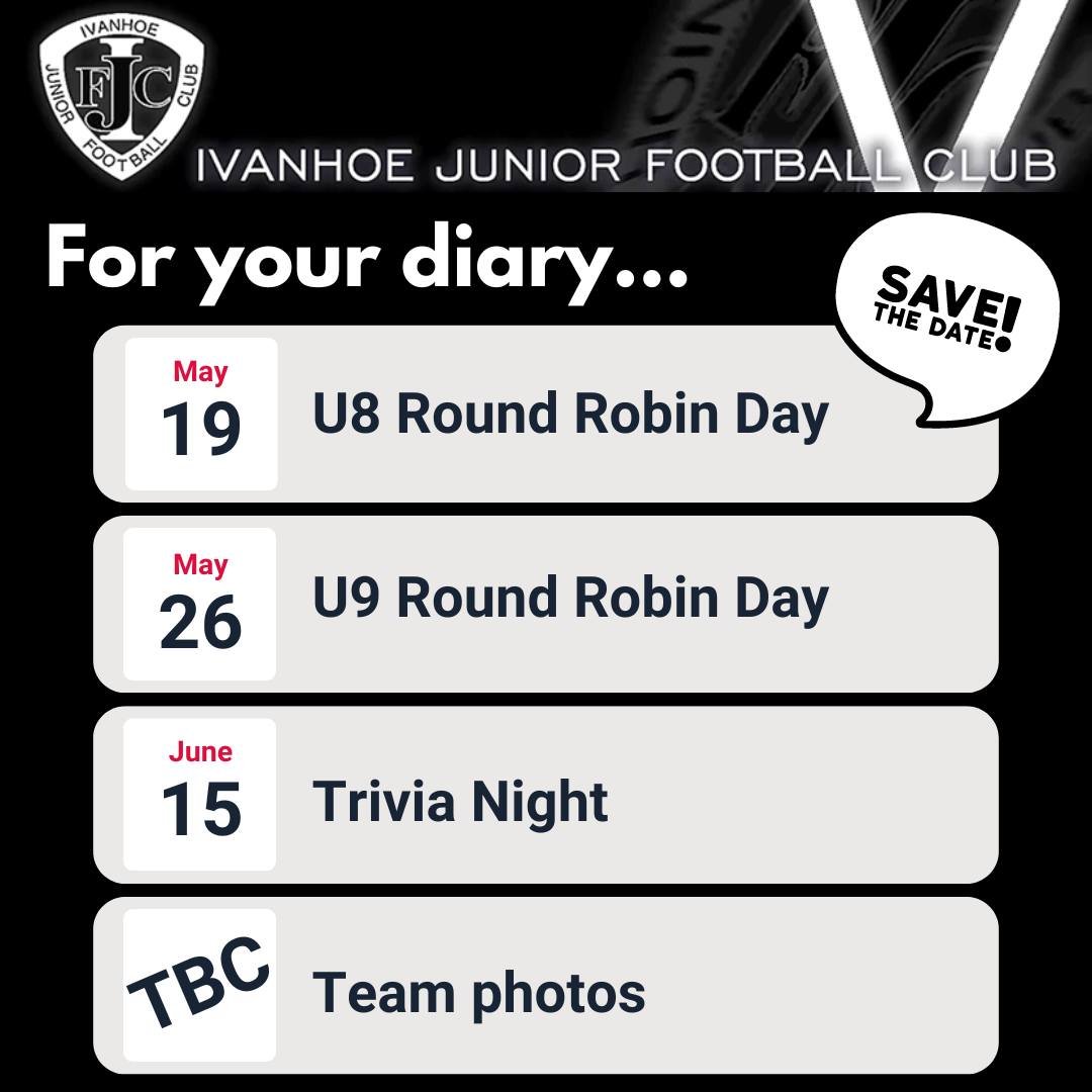 Save the dates! 
📆 Round Robin days - Teams will play multiple games against other clubs during the day. More details on fixtures and location will be provided to these teams.
📆 Trivia night - Our big social event for the year! Sign up now
📆 Team 