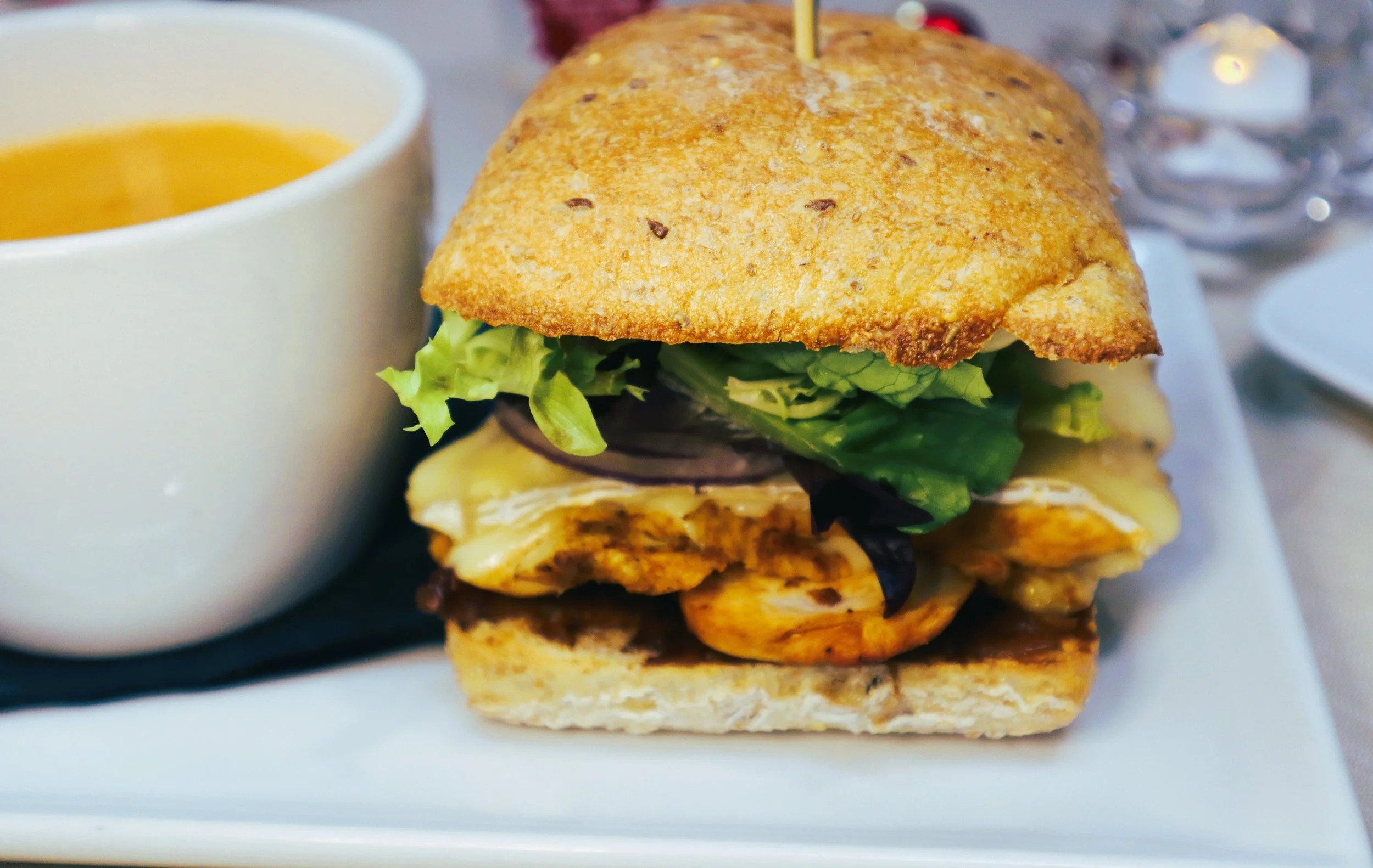 Brie Date Chicken Burger with Prawn Bisque