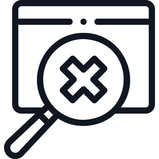 Magnifying glass with an "X" over a browser window icon
