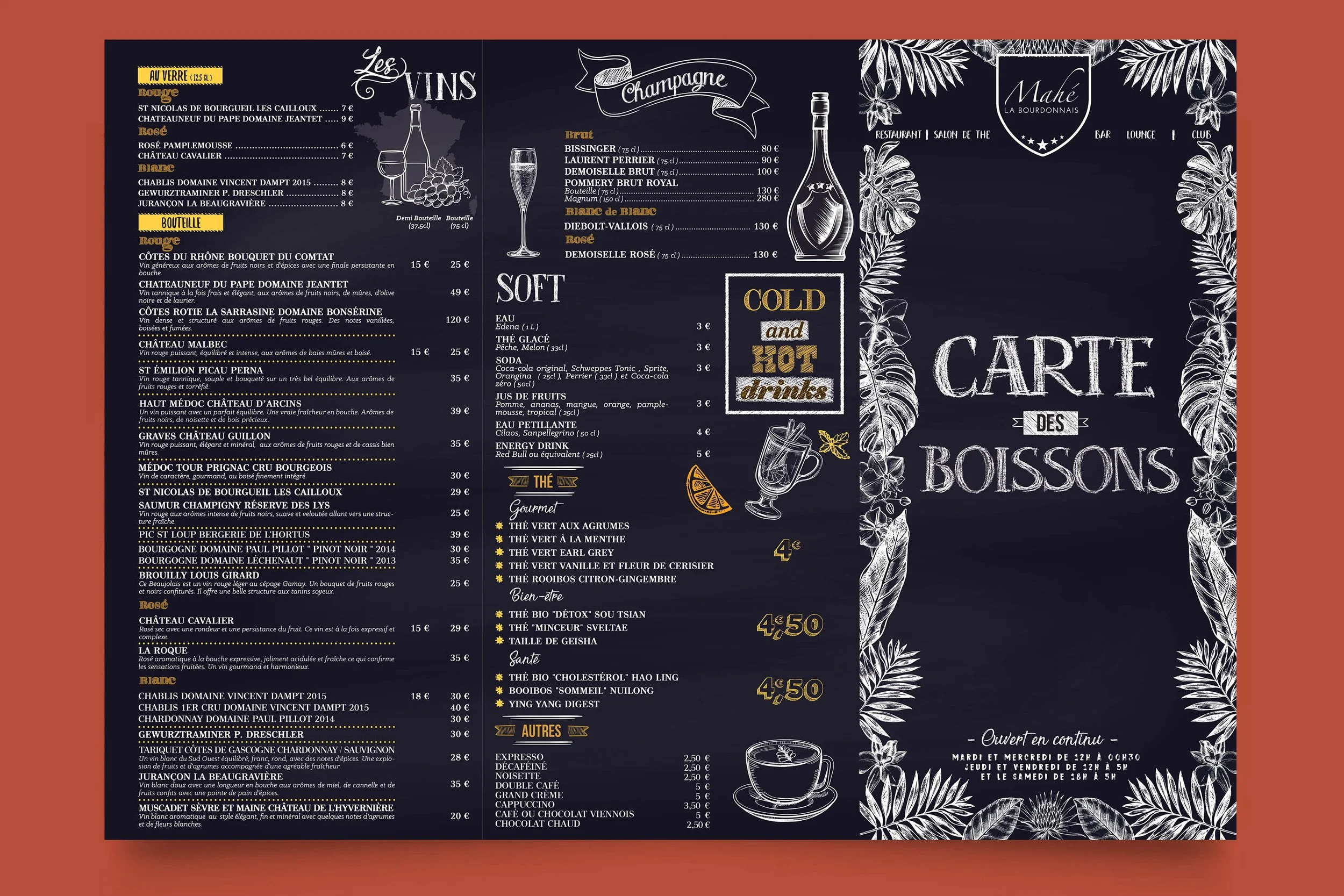 Création graphique pour le restaurant, bar et club Mahé labourdonnais à Saint-Denis île de la Réunion