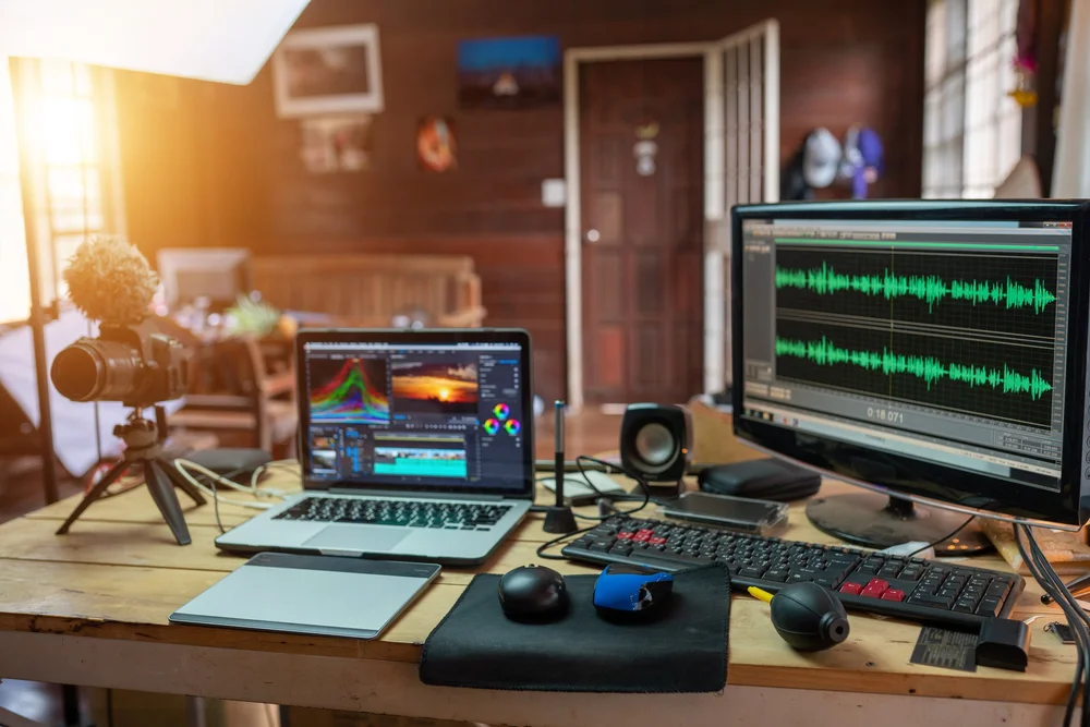 The content creator sound waves monitor preview in the freelance