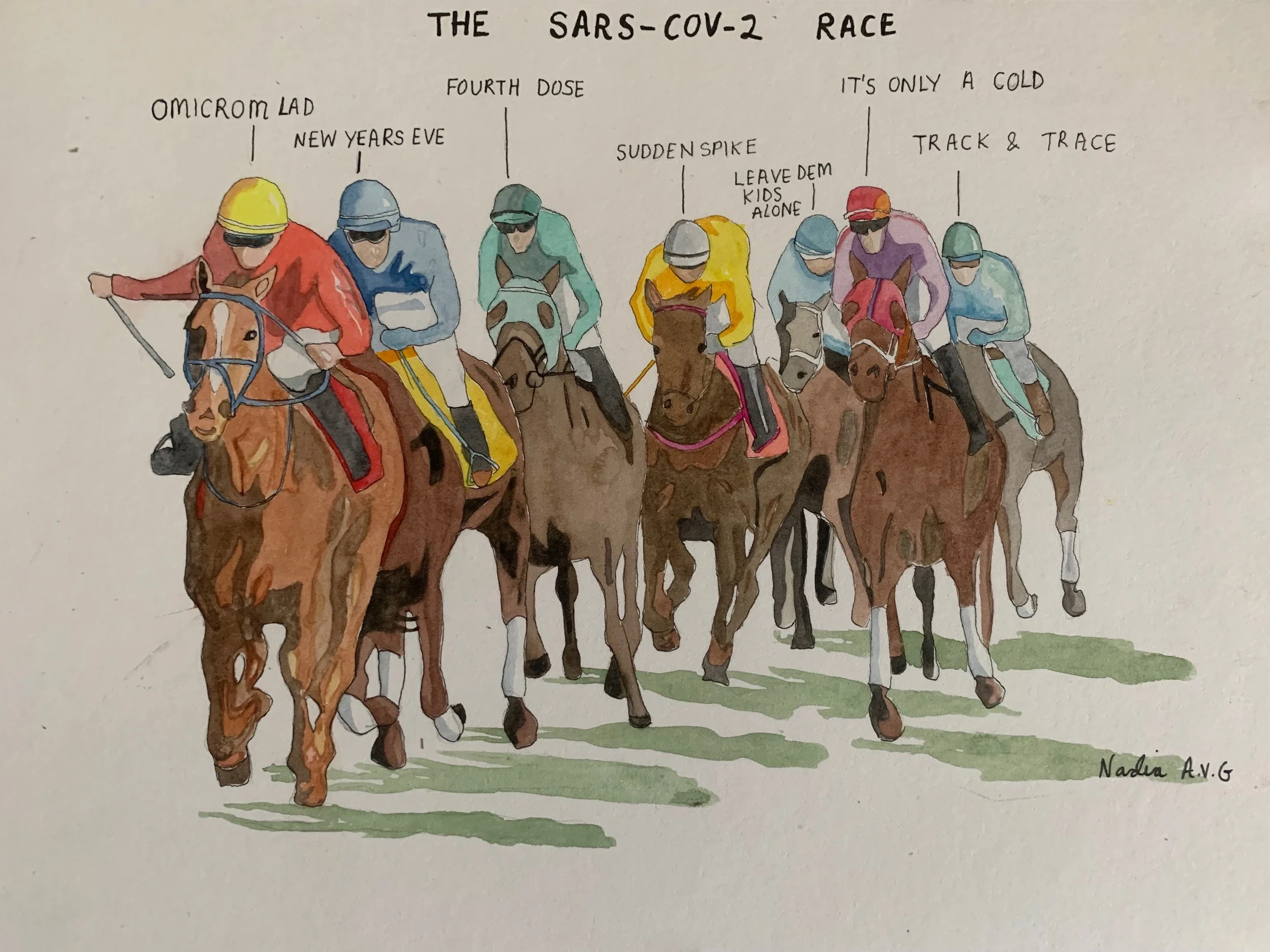 "Sars Covid Race", Watercolour & Pen. SOLD