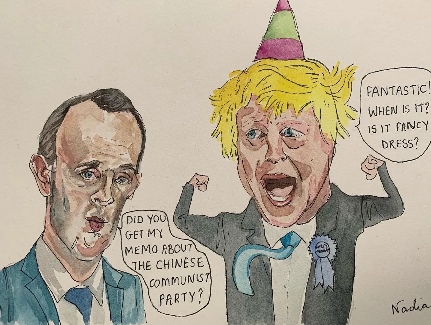 "Boris' Party", watercolour & pen, A5. SOLD