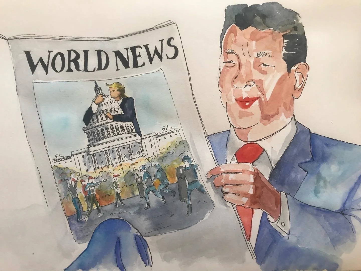 "Xi Jinping smirking", watercolour & pen, A5. £40 (framed)