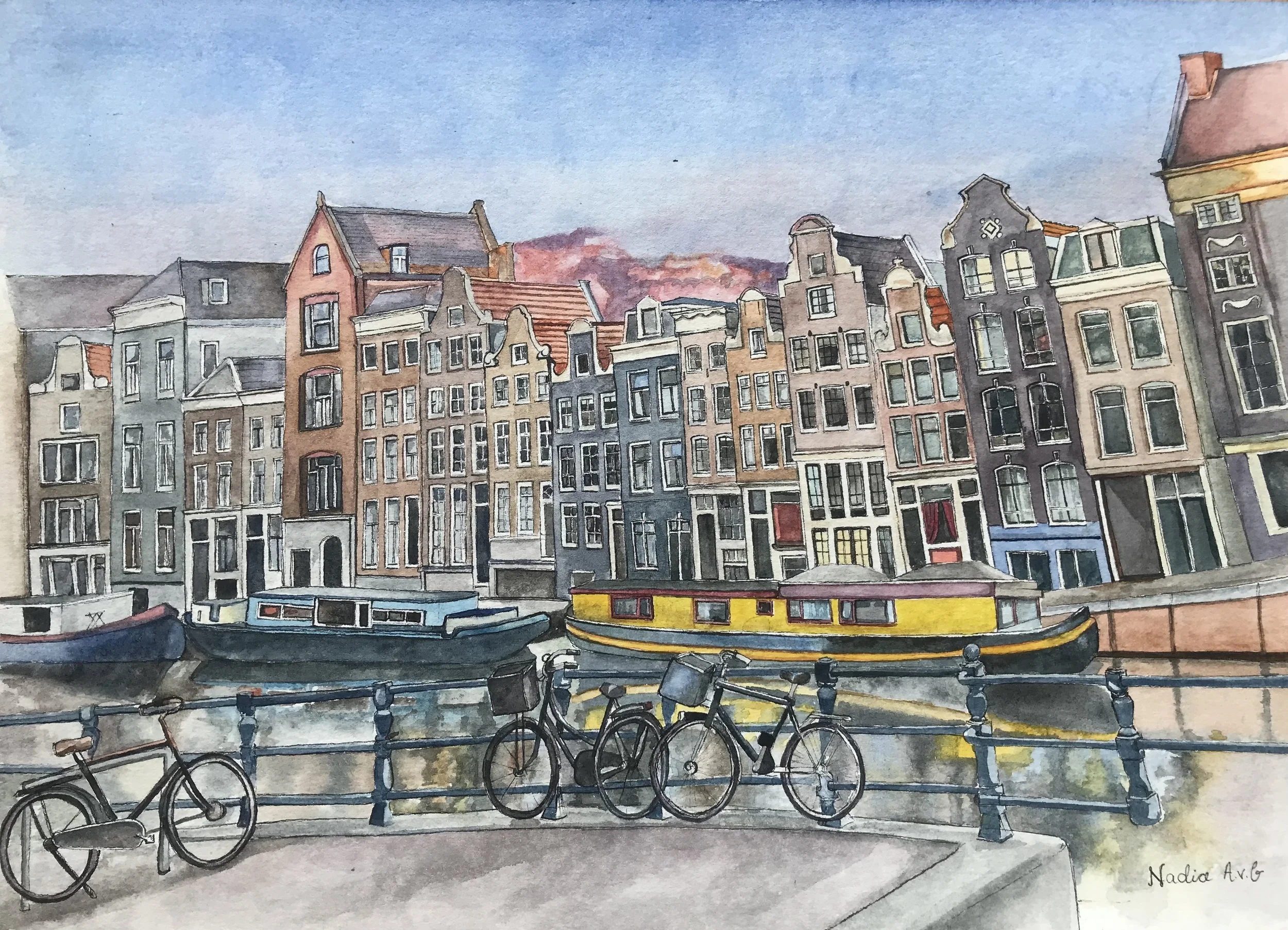 "Along the Amsterdam Canals", watercolour & ink on paper. SOLD