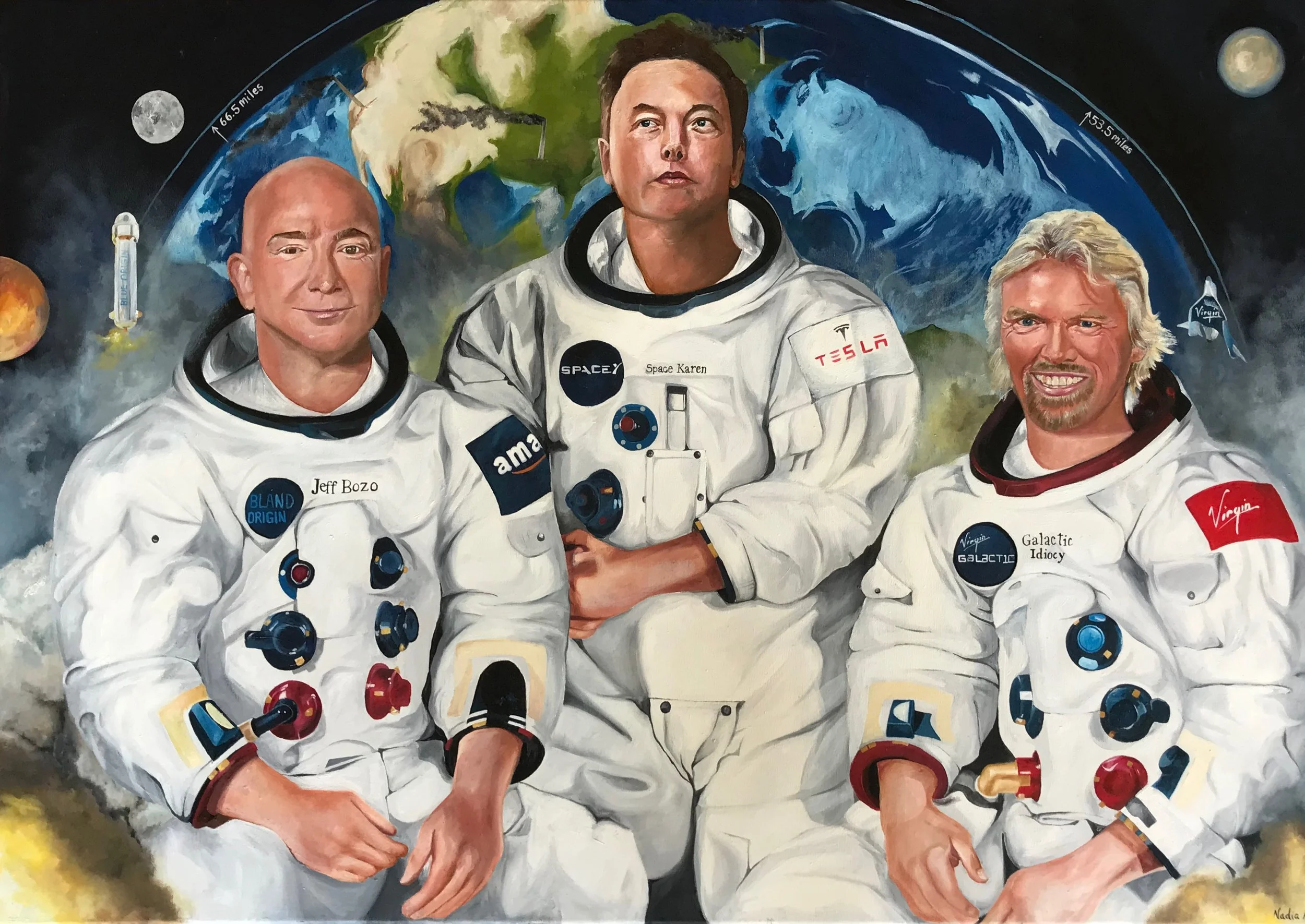 "A Billionaires Space Race", oil on canvas, 100x70cm.