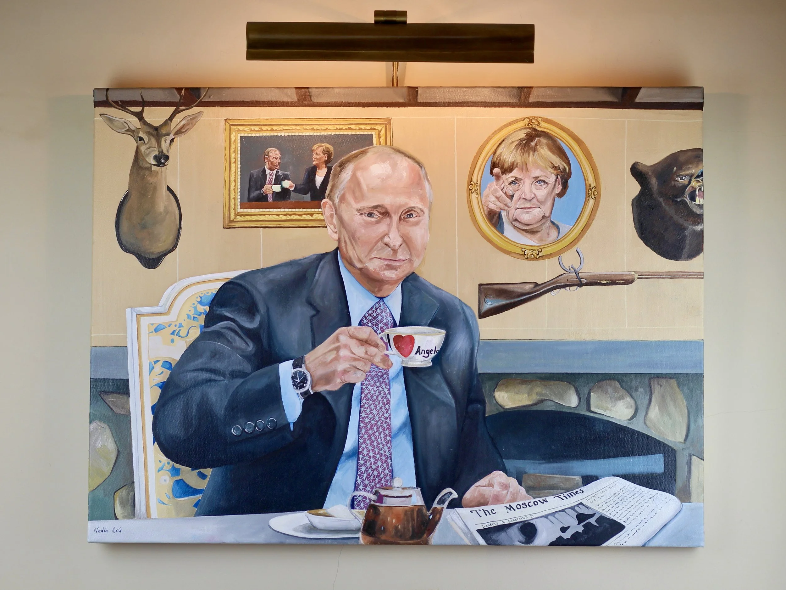 "Tea with Merkel", oil on canvas, 80x60cm.