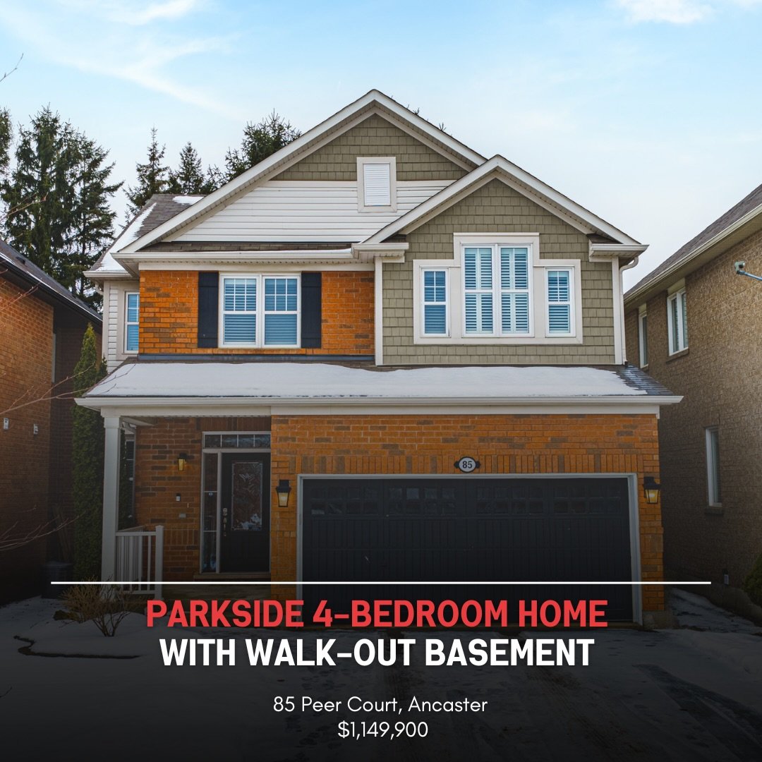 At 📍 85 Peer Court in Ancaster, offered at $1,149,900, you&rsquo;ll find a spectacular 4-bedroom walk-out home perfectly positioned across from a park and just steps to schools, where a stunning open-concept quartz kitchen flows to a balcony, elegan