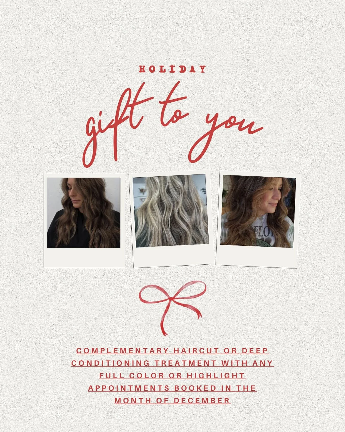 Just a little holiday deal if you haven&rsquo;t booked yourself an appointment already before the end of the year!💫

To receive your complementary haircut or deep conditioning treatment book a full color/highlight appointment with any of the followi