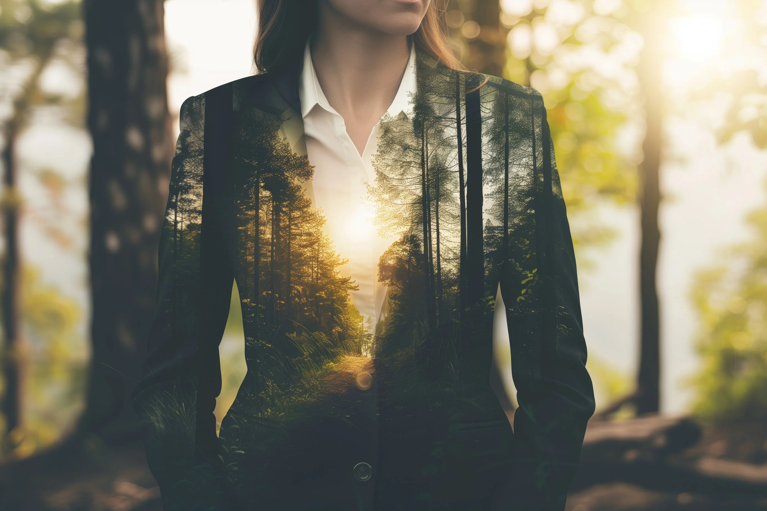 Double exposure of a person in a suit and a forest scene with sunlight