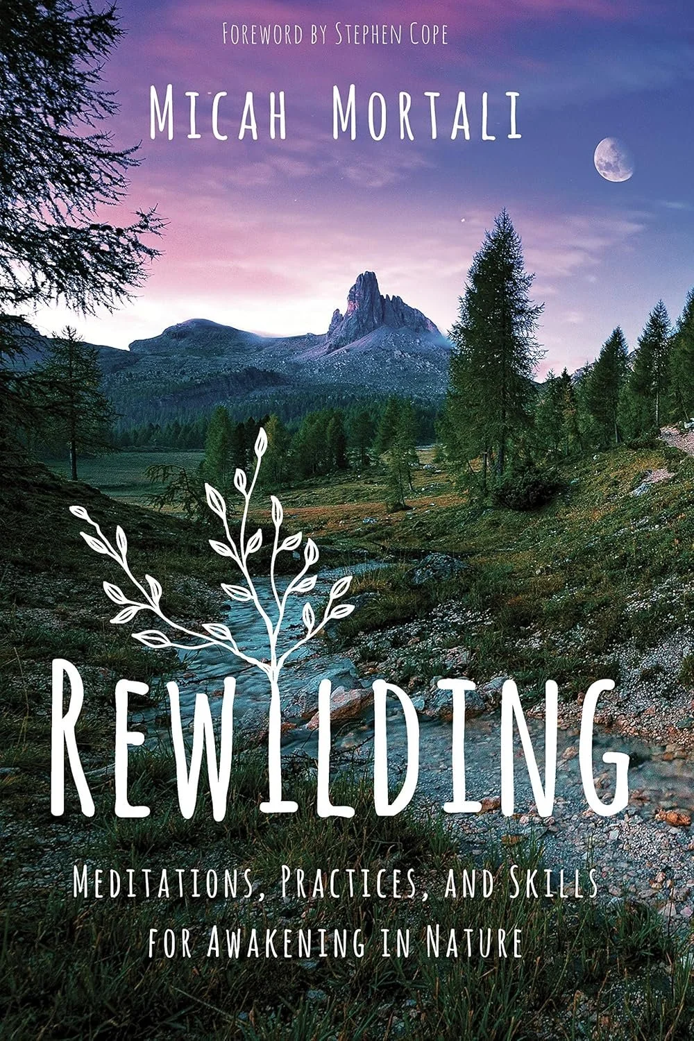 Book cover of 'Rewilding' by Micah Mortali featuring a nature landscape with mountains, trees, and a stream under a purple sky with a visible moon. Text includes a foreword by Stephen Cope and mentions meditations for awakening in nature.