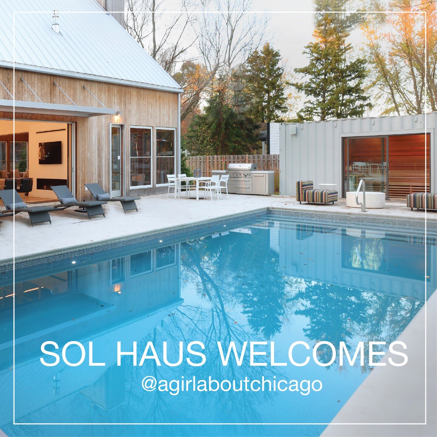 SOL HAUS welcomes @agirlaboutchicago this weekend! We hope you enjoy your stay. Pool Time! #agirlaboutchicago #solhausretreat #solhausmichigan #puremichigan #southwestmichigan #bluefishvacations #modernvacationhome #scandihome #sparetreat #poolhaus #