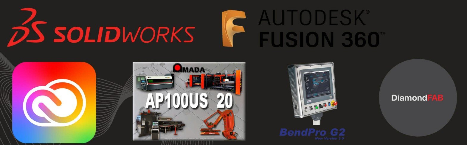 A collage of software logos, machinery, and equipment related to manufacturing and design, including SolidWorks, Autodesk Fusion 360, Adobe Creative Cloud, AMADA AP100US 20, BendPro G2, and DiamondFAB.