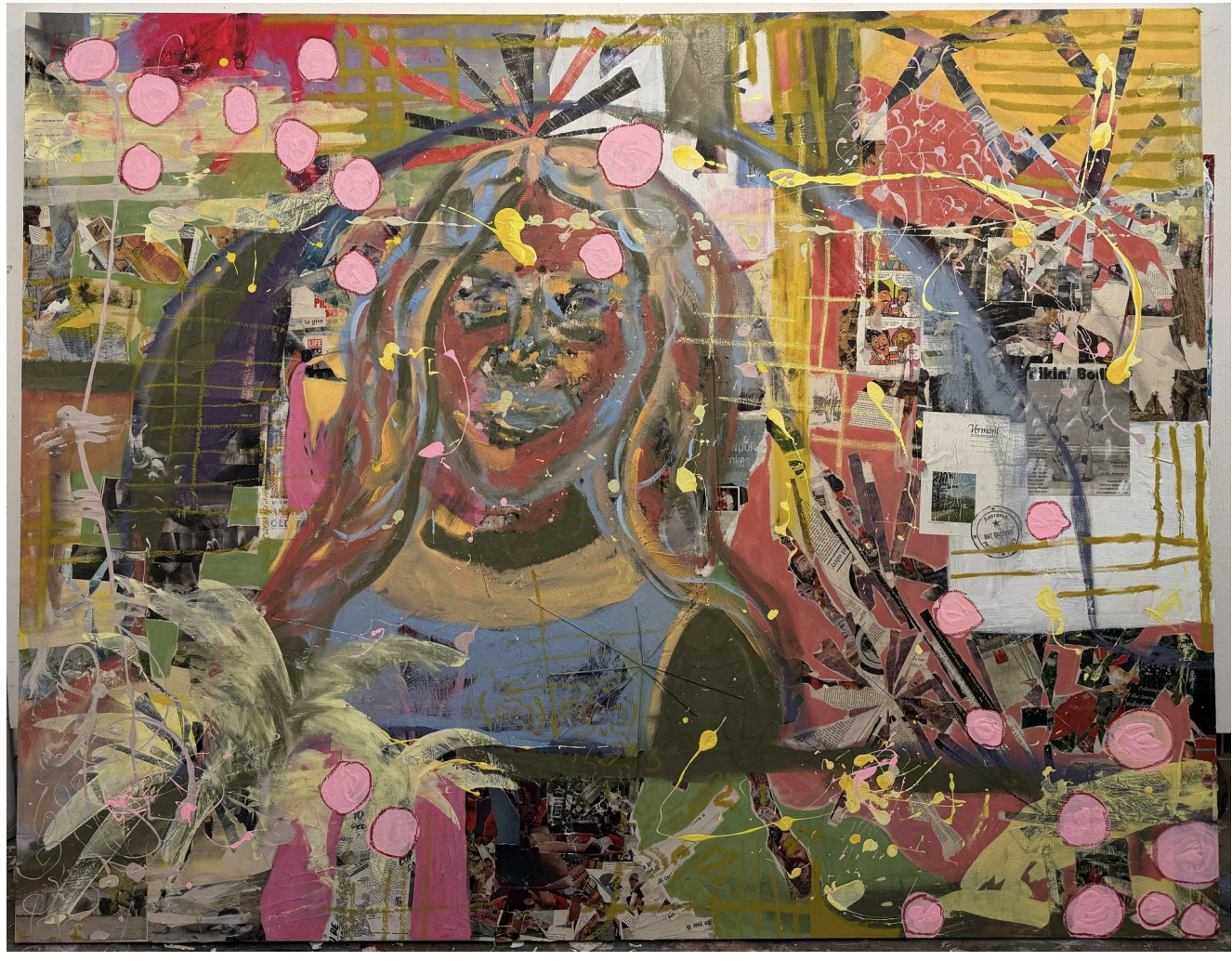 Recontextualizing 1974
2025
Oil, Acrylic, thread, oil stick and collage on canvas
6 x 8 ft (1.83 x 2.44 m)
CS2025-002