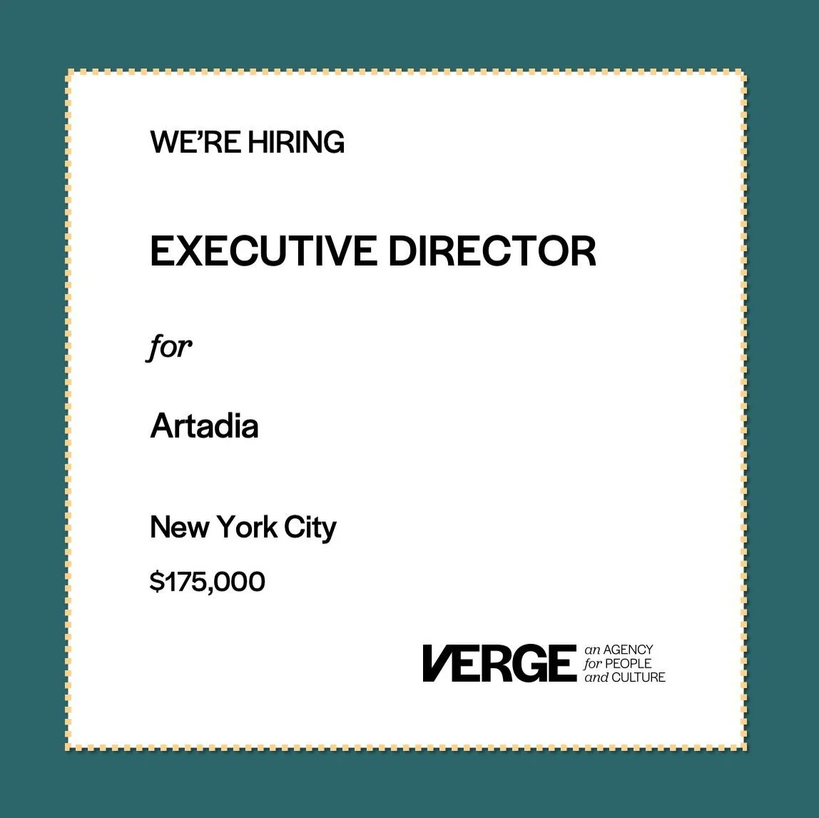 Artadia is seeking a visionary, relational leader to guide the organization into its next chapter&mdash;building on nearly 30 years of supporting visual artists with unrestricted awards, advocacy, and community care.

Please consider applying if you 