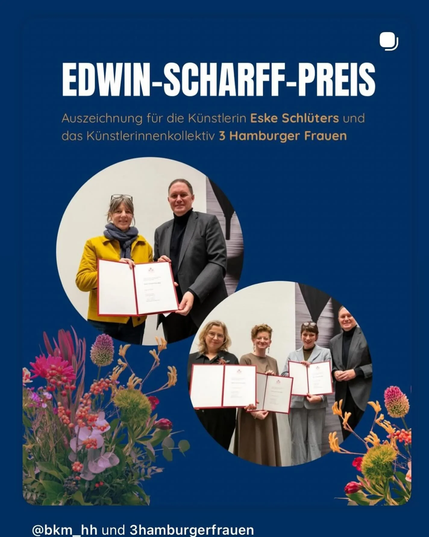 Herzlichen Gl&uuml;ckwunsch🎉

Die K&uuml;nstlerin Eske Schl&uuml;ters und das K&uuml;nstlerinnenkollektiv &bdquo;3 Hamburger Frauen&ldquo; @3hamburgerfrauen erhielten am 28. November 2025 f&uuml;r ihre herausragenden k&uuml;nstlerischen Leistungen d