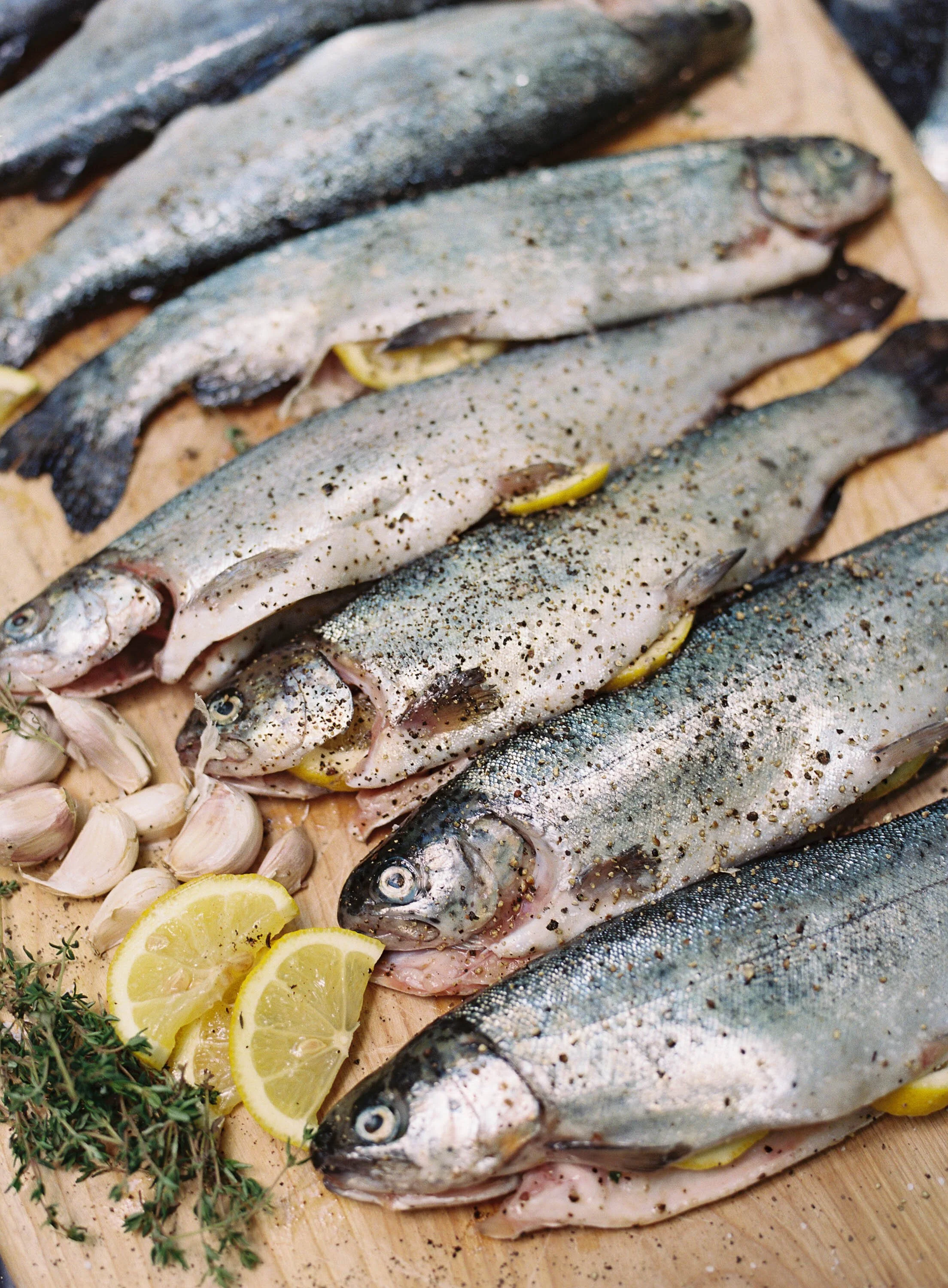 Fresh-caught trout arranged on a rustic wooden board with lemon slices and herbs, food photography by Cody Myers