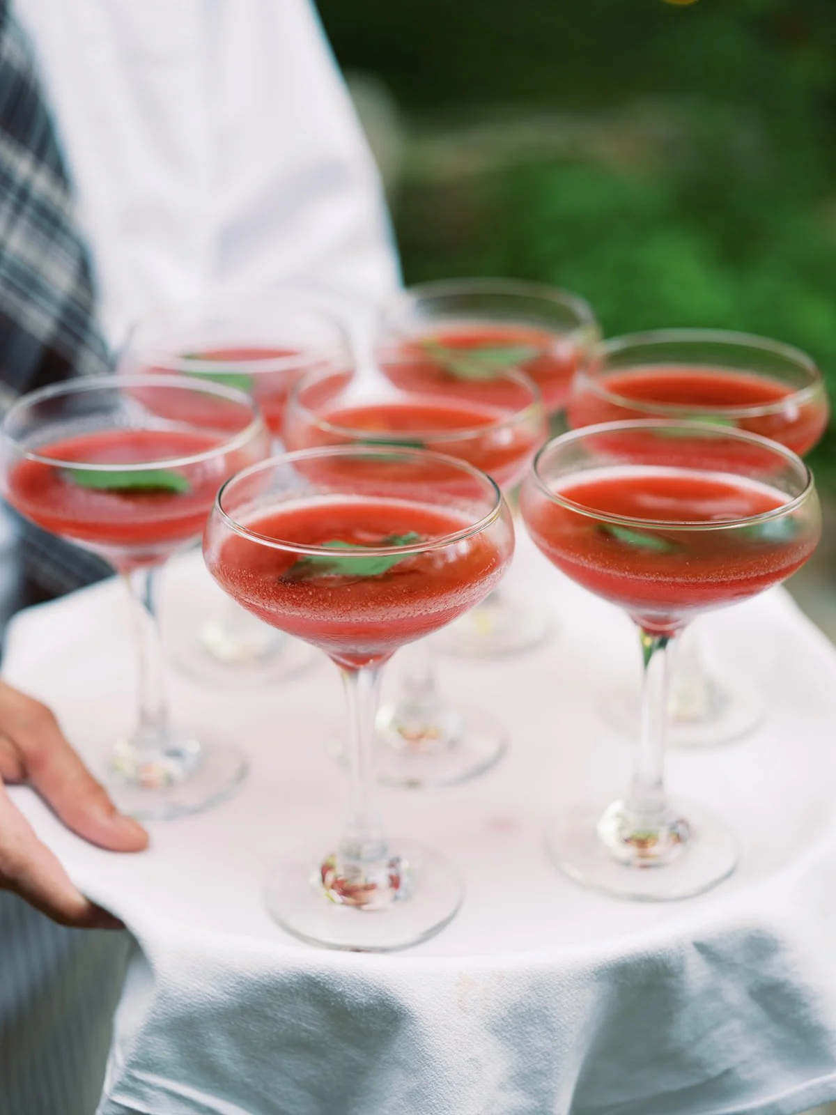 Server carrying a tray of red cocktails garnished with fresh herbs at an outdoor gathering, lifestyle food photography by Cody Myers