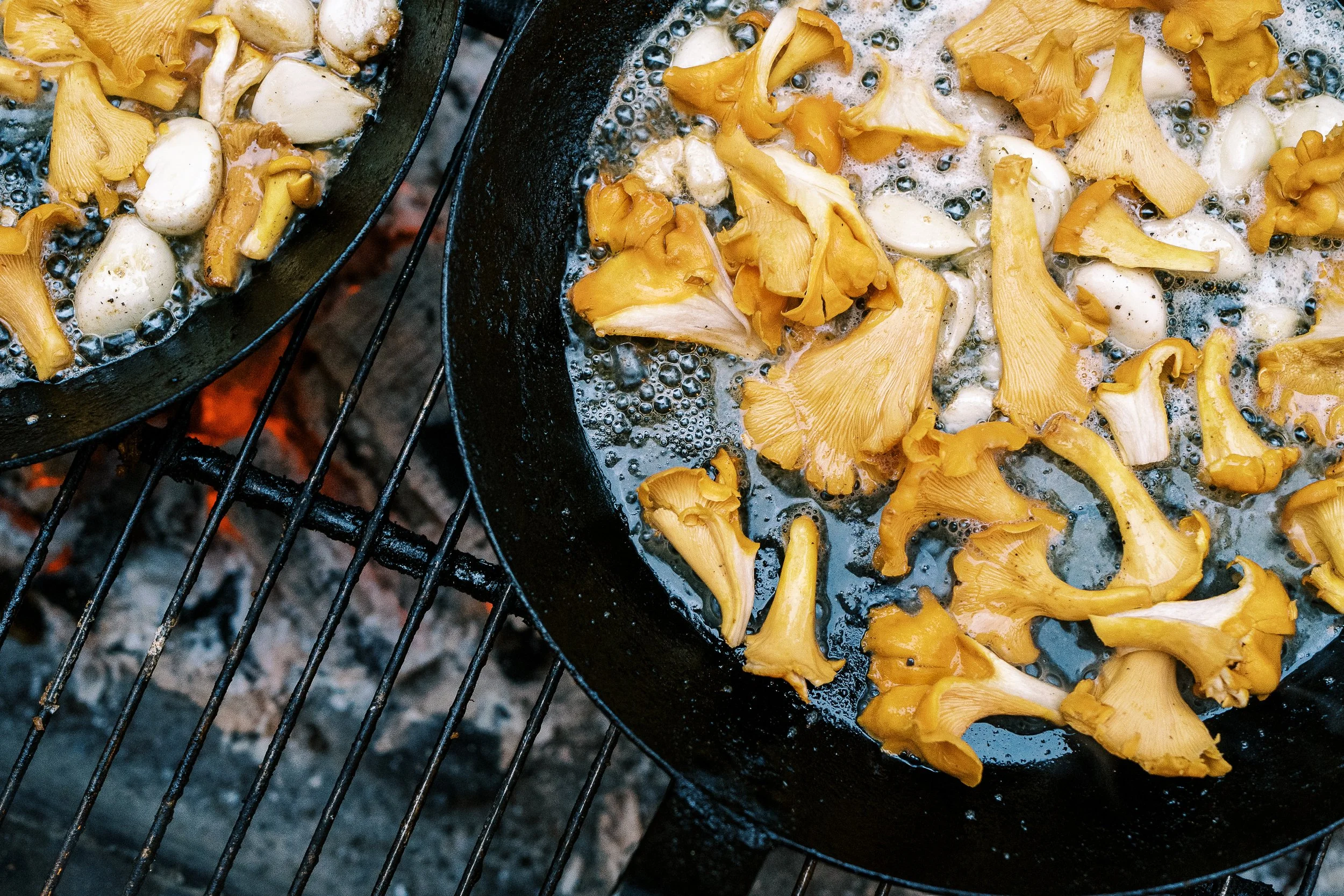 Chanterelle mushrooms sautéing in cast iron pans over an open fire grill, food photography by Cody Myers