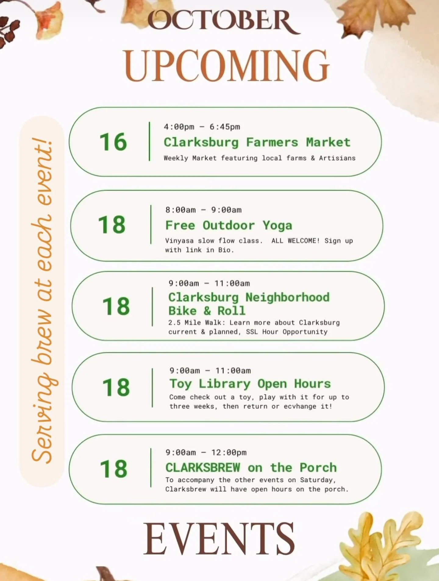 Looking for a hot brew?!? Join us this week @theclarksburgyard on Thursday at the market, or Saturday after yoga, before the community walk, or just linger for the morning.