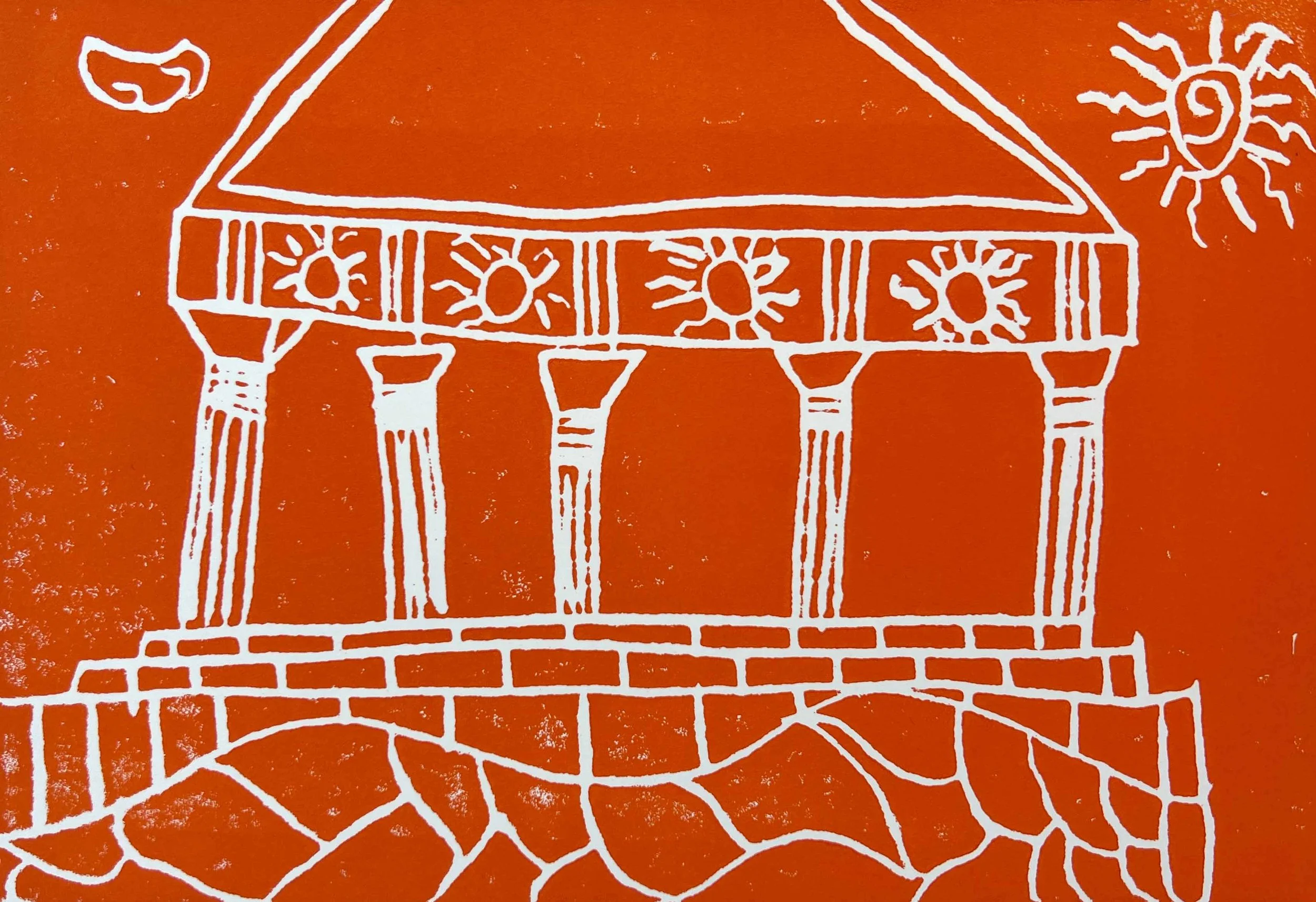 linocut printmaking, Greek Temple, Grade 5 students art