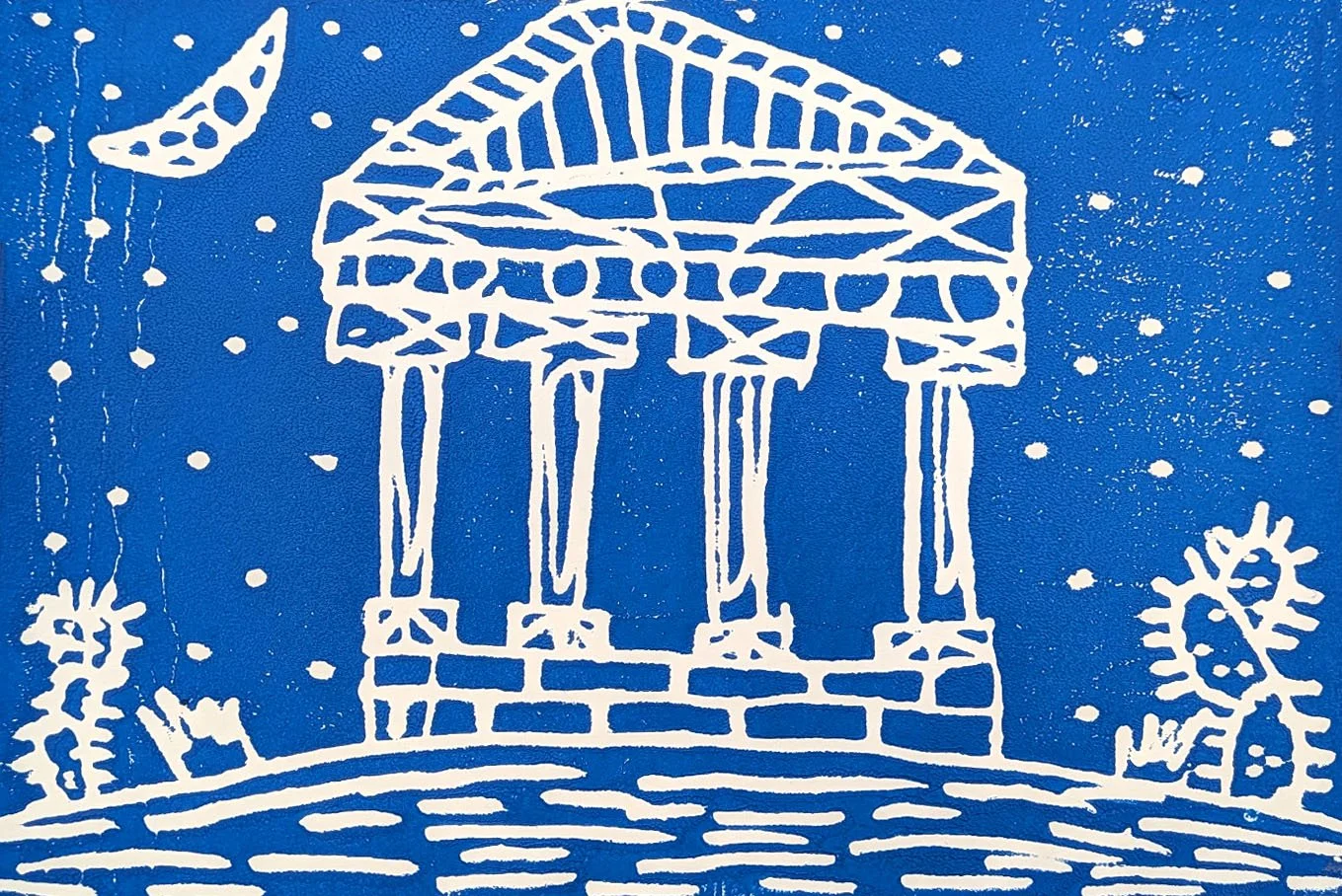 Blue linocut printmaking, Greek Temple with native plants, Grade 5 art