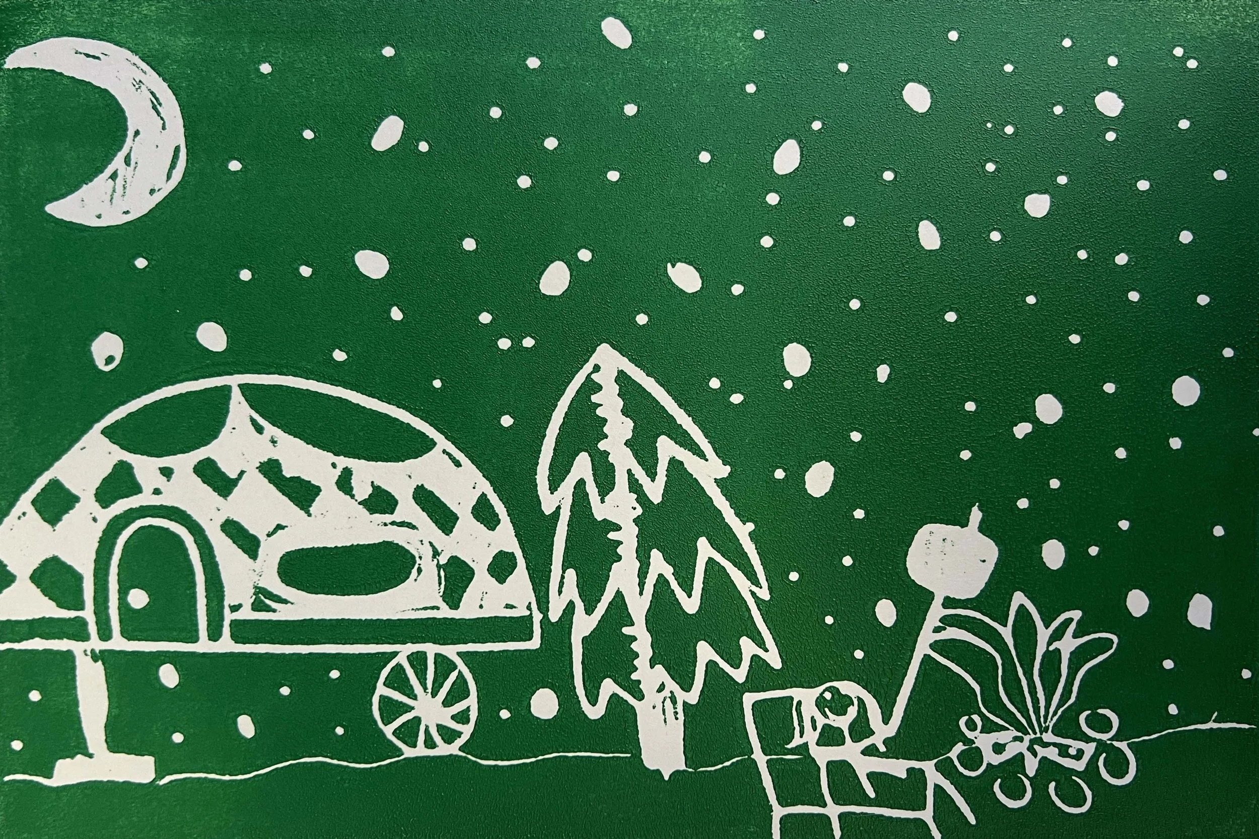 Green linocut printmaking, camping trailer car at night Grade 5 art for Father's Day