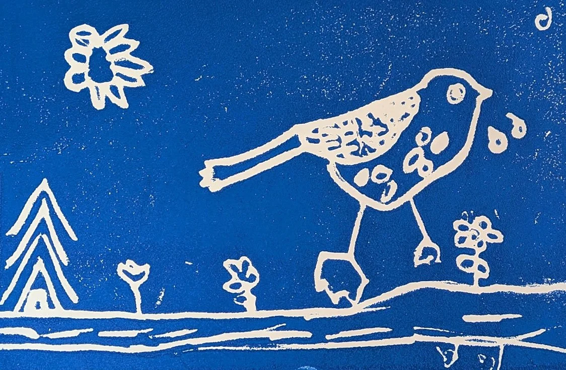 Spring Season, blue linocut printmaking, bird, Spring and Fall,, Grade 1 art