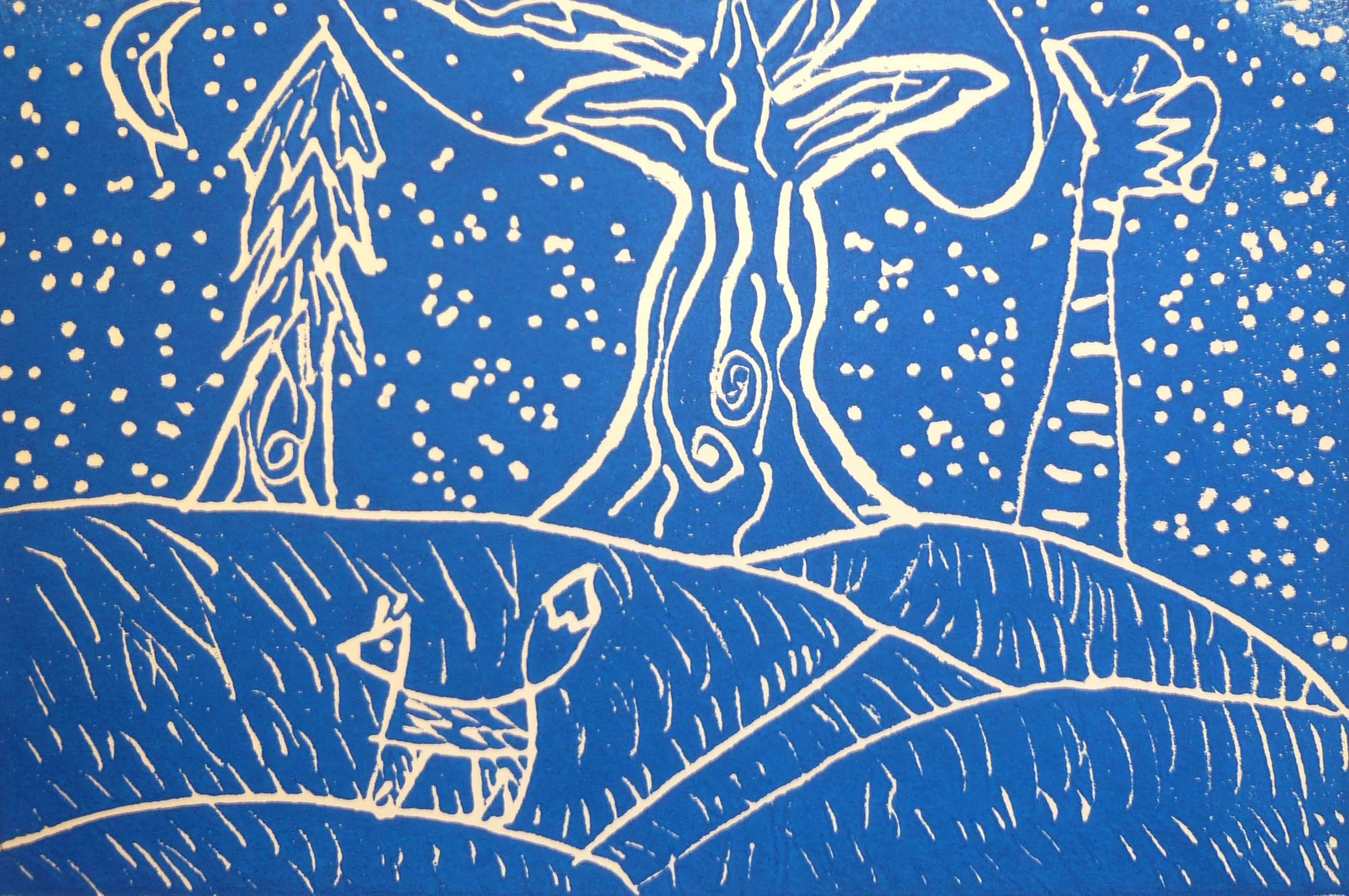 Blue linocut printmaking,  fox walking on hills, trees in background, Grade 3 art