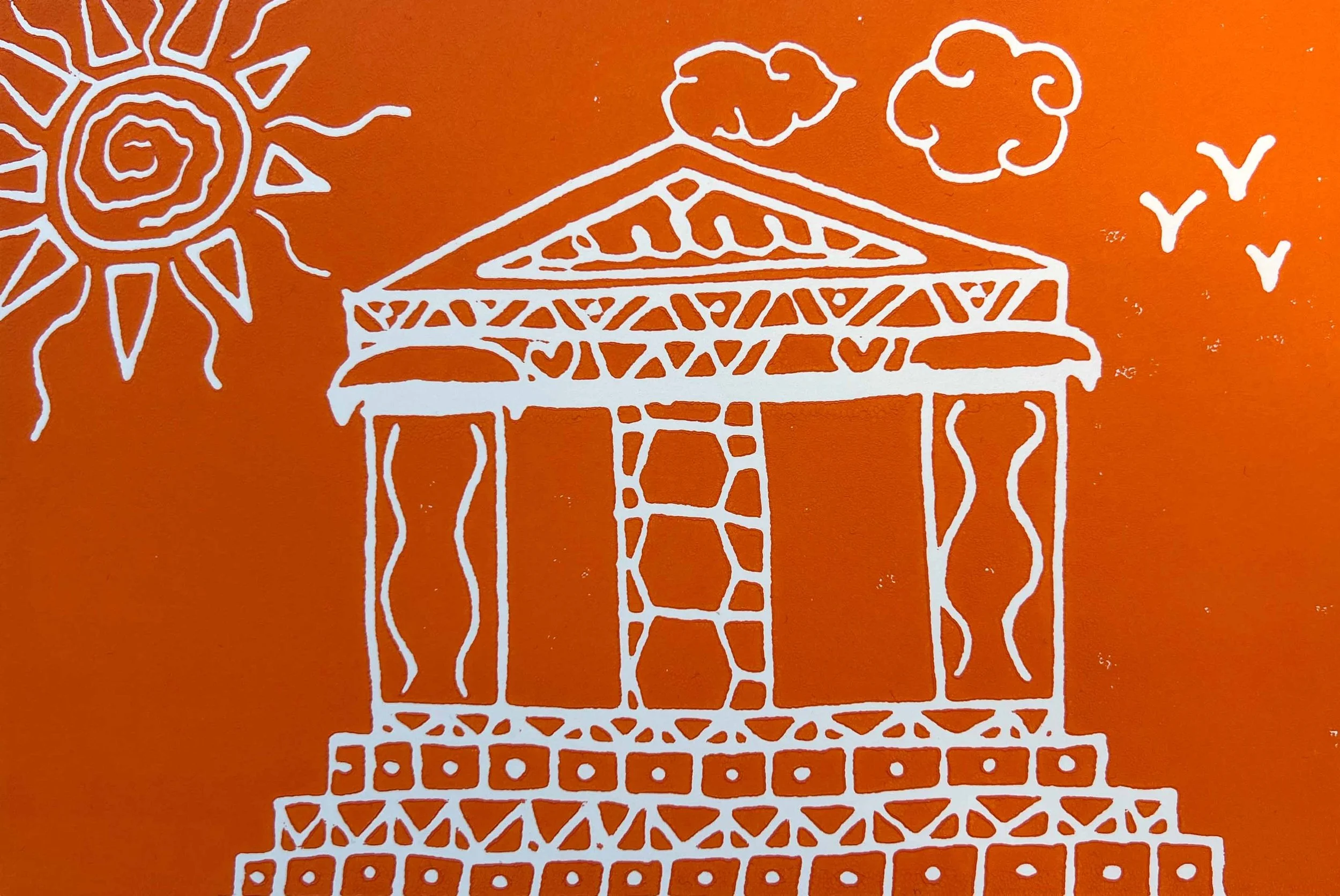 Orange linocut printmaking, Greek Temple on a sunny day, Grade 4 art